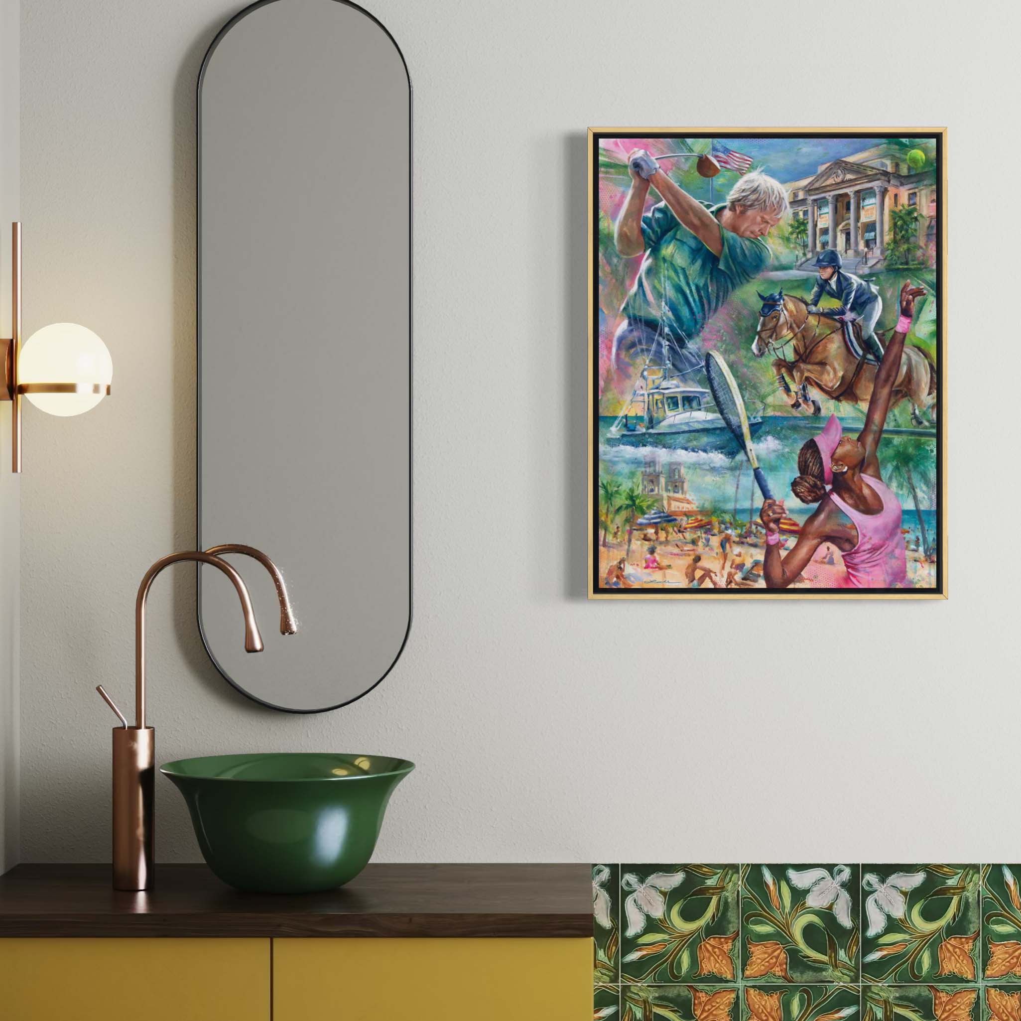 Palm Beach County lifestyle icons by Kyle Lucks on a gallery-wrapped canvas in a gold float frame, front view