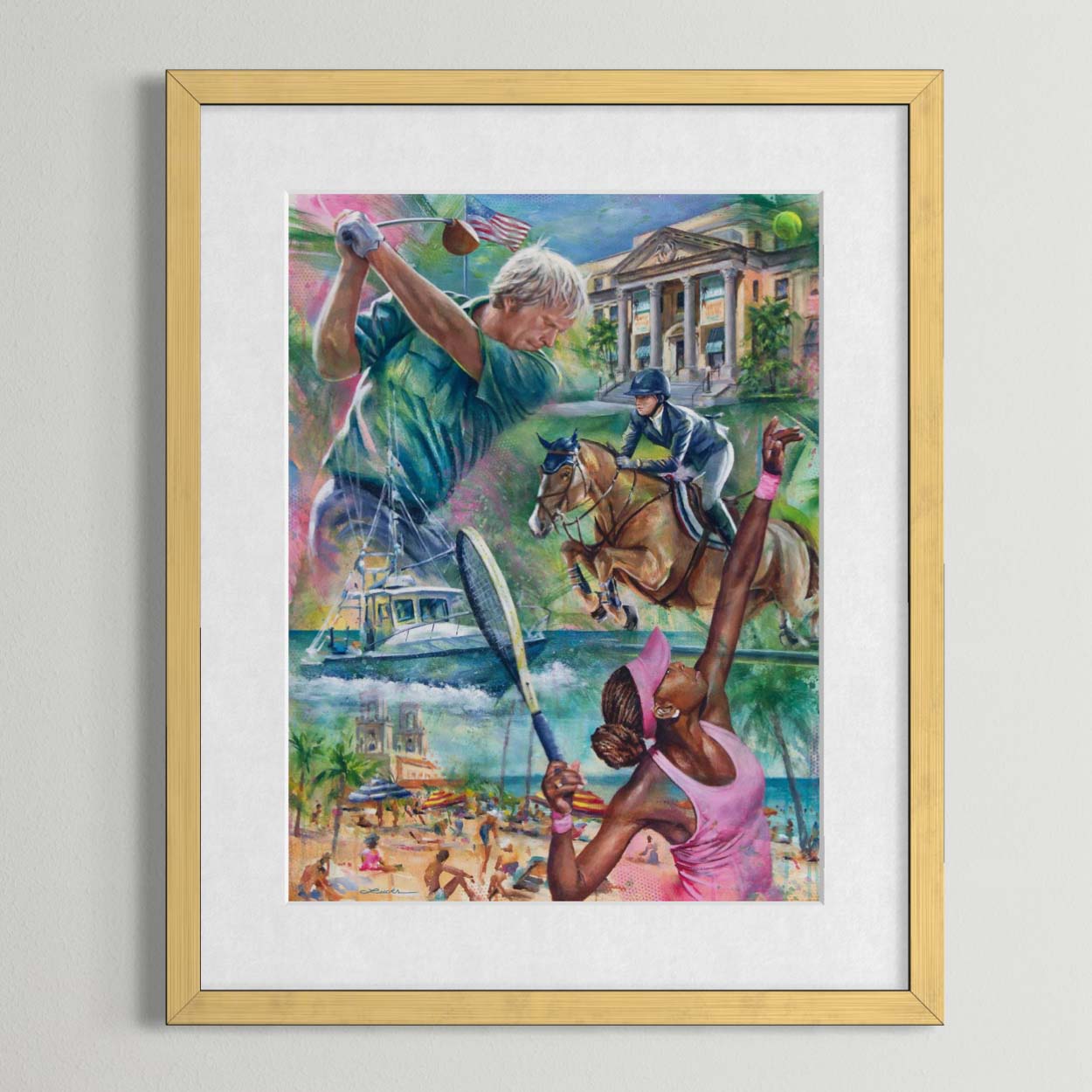 Palm Beach County lifestyle icons by Kyle Lucks as a framed giclée fine art print in a gold frame, front view