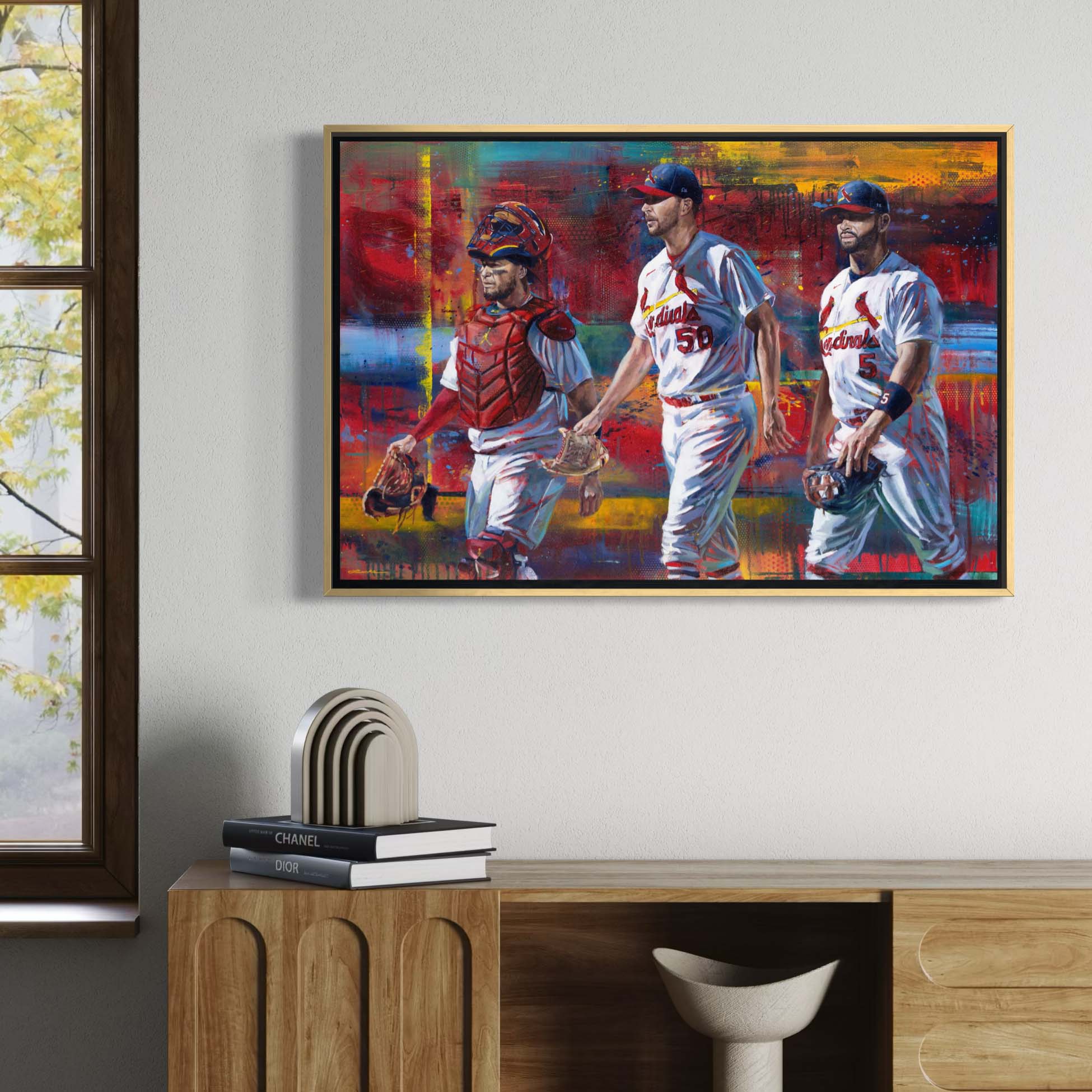 Cardinals legends Yadi, Waino and Albert by Kyle Lucks on a gallery-wrapped canvas in a gold float frame, front view