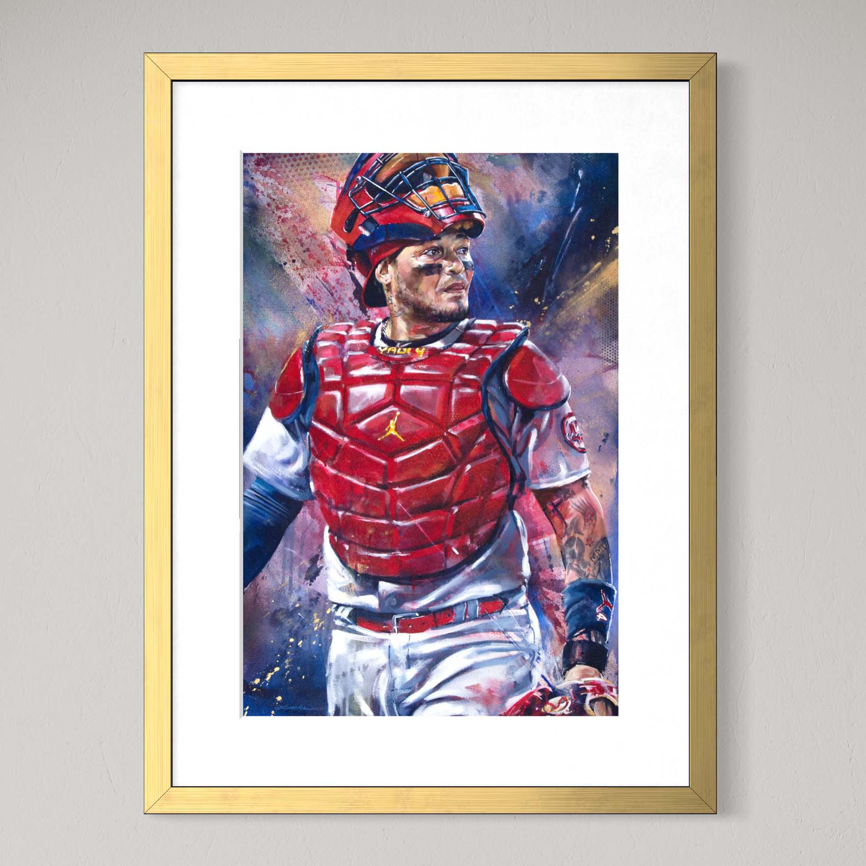 Cardinals catcher Yadier Molina by Kyle Lucks as a framed giclée fine art print in a gold frame, front view