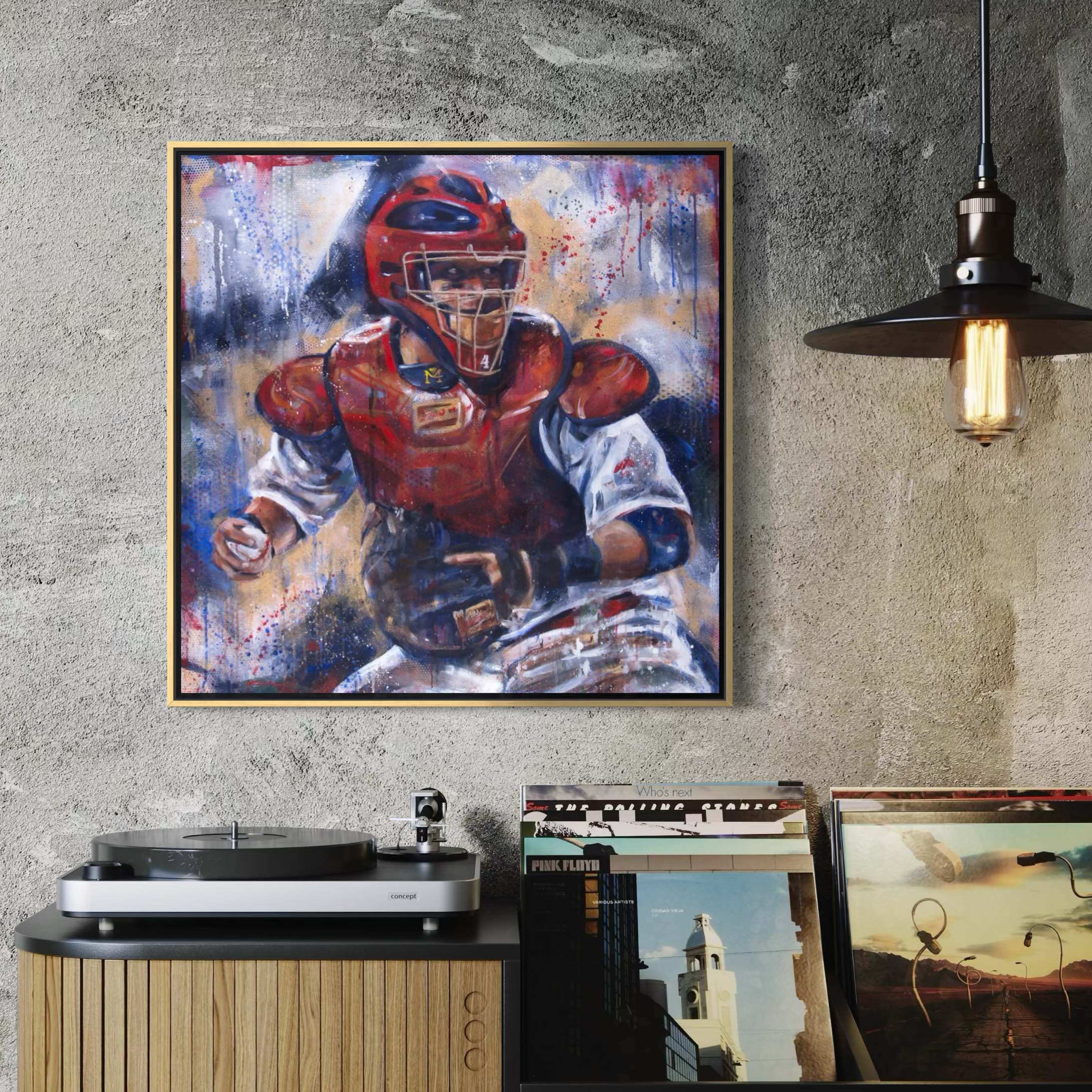 Cardinals catcher Yadier Molina by Kyle Lucks on a gallery-wrapped canvas in a gold float frame, front view