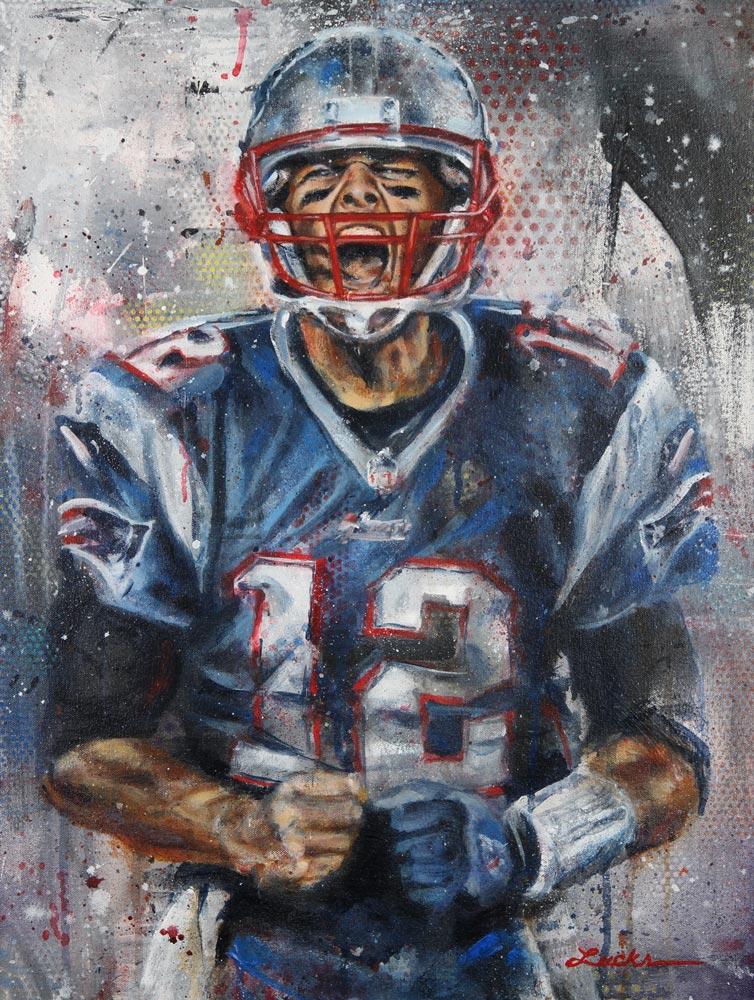 Portrait painting of Patriots quarterback Tom Brady yelling with clinched fists after scoring a touchdown