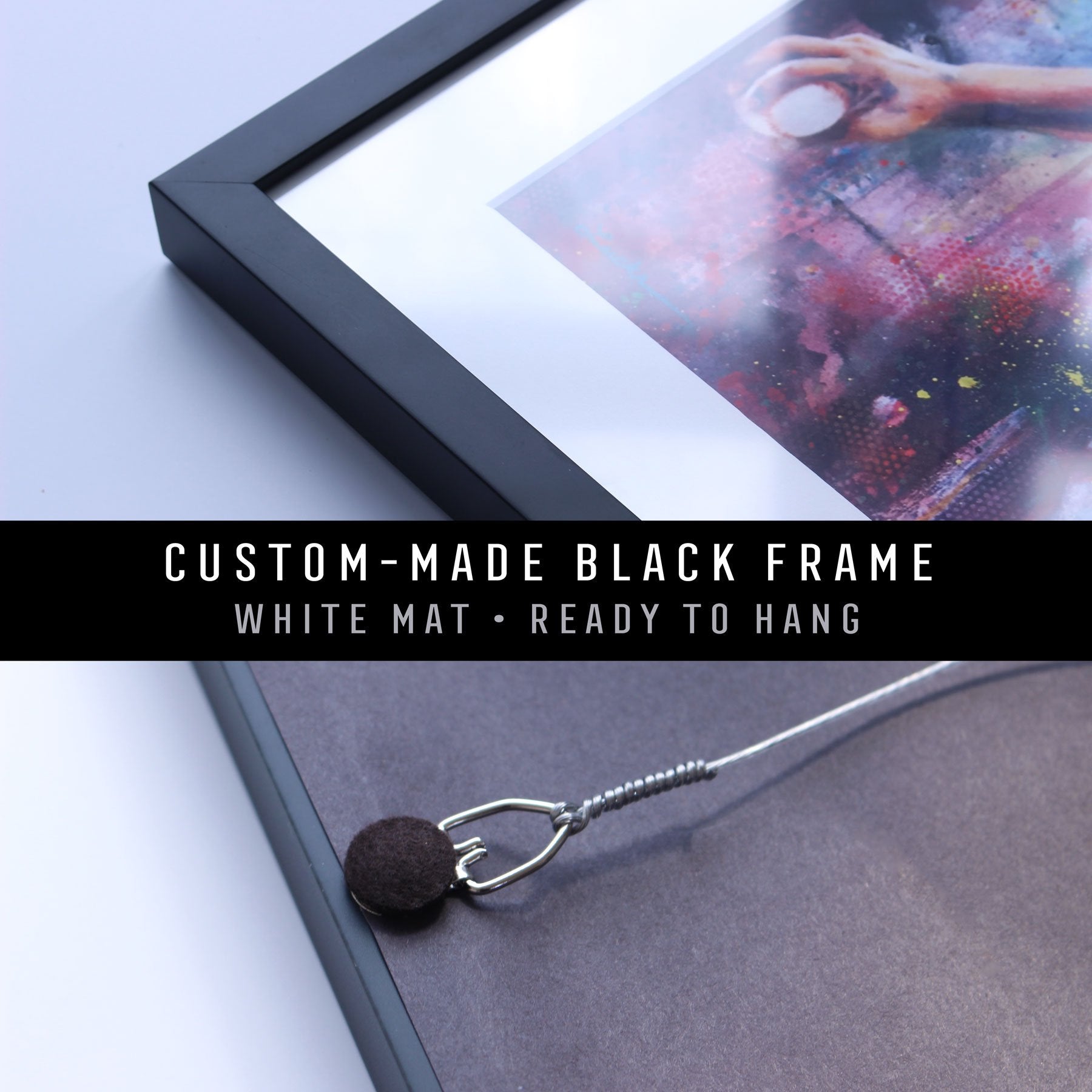 Giclee fine art paper print in a black frame. Metal D-ring and picture wire on the back of the frame.