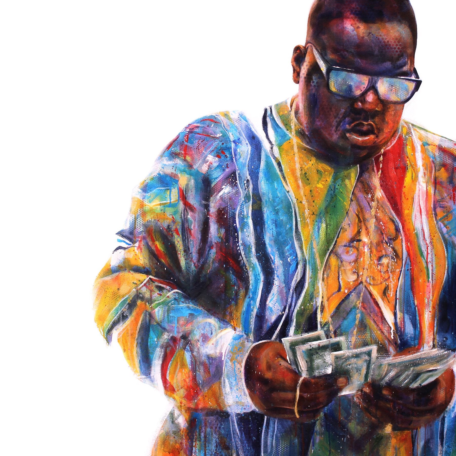 Portrait painting of rapper Notorious B.I.G. wearing a colorful Coogi sweater and counting money. Set against a white background.
