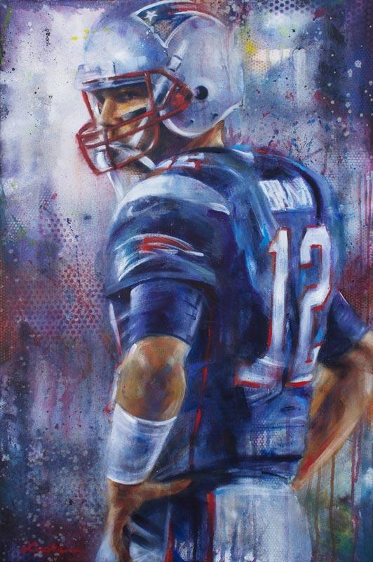 Portrait painting of Patriots quarterback Tom Brady from behind, gazing over his left shoulder.