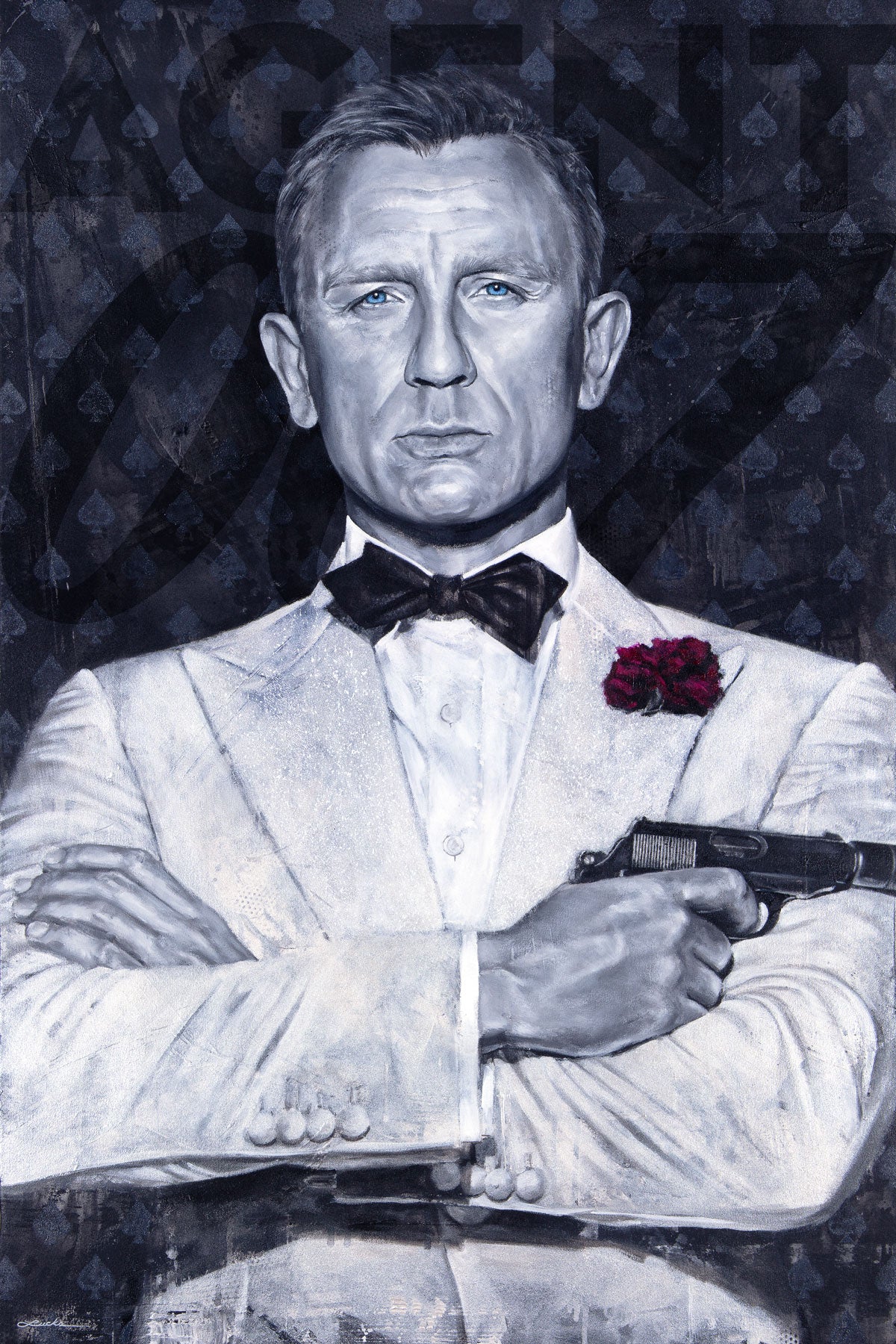 Portrait painting of Daniel Craig as secret agenct James Bond, wearing a white tuxedo, with his arms crossed and holding a gun. Dark gray background with spades symbol and the words Agent 007.