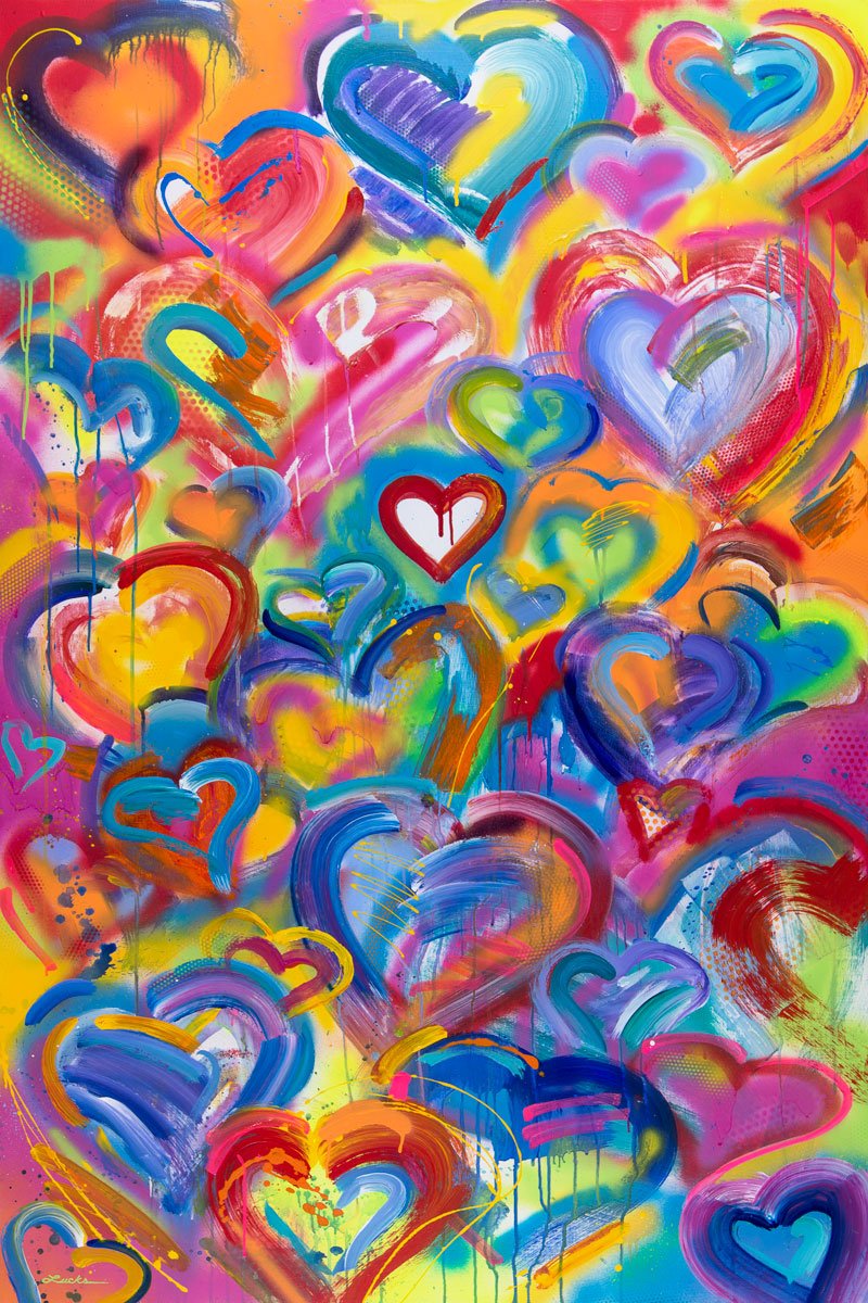 Painting of a variety of colorful hearts, set against a yellow background