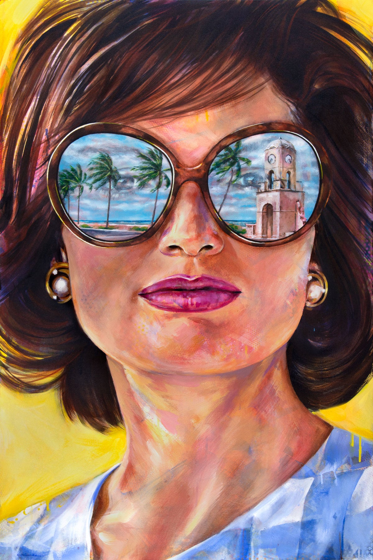 Painted portrait of Jackie Kennedy Onnassis wearing oversized sunglasses with the reflection of the Worth Avenue Clock Tower in Palm Beach, Florida.