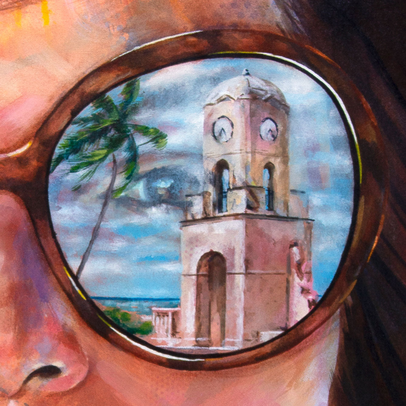 Painted portrait of Jackie Kennedy Onnassis wearing oversized sunglasses with the reflection of the Worth Avenue Clock Tower in Palm Beach, Florida.