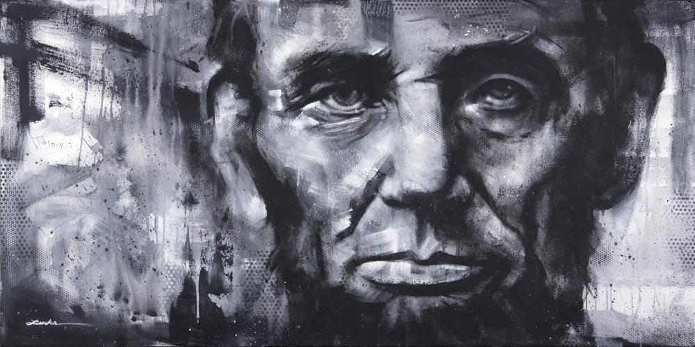 large-scale portrait of Abraham Lincoln by renowned artist Kyle Lucks, known for detailed portraits of athletes, musicians, and cultural icons. Iconic artwork captures Lincoln's powerful presence and emotional depth, a must-see piece for collectors of historical art. Kyle Lucks, paints influential figures, bringing history to life through artistic vision. Perfect for those seeking Abraham Lincoln art, American history art, or large-scale portraits