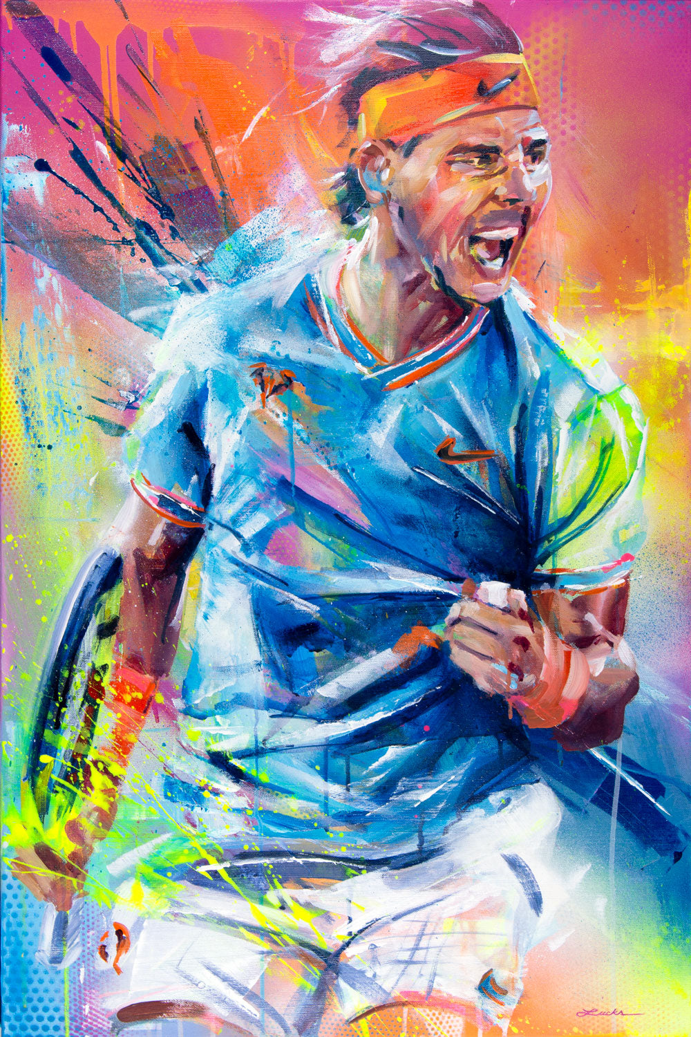 Portrait of tennis legend Rafael Nadal, yelling while giving a fist pump