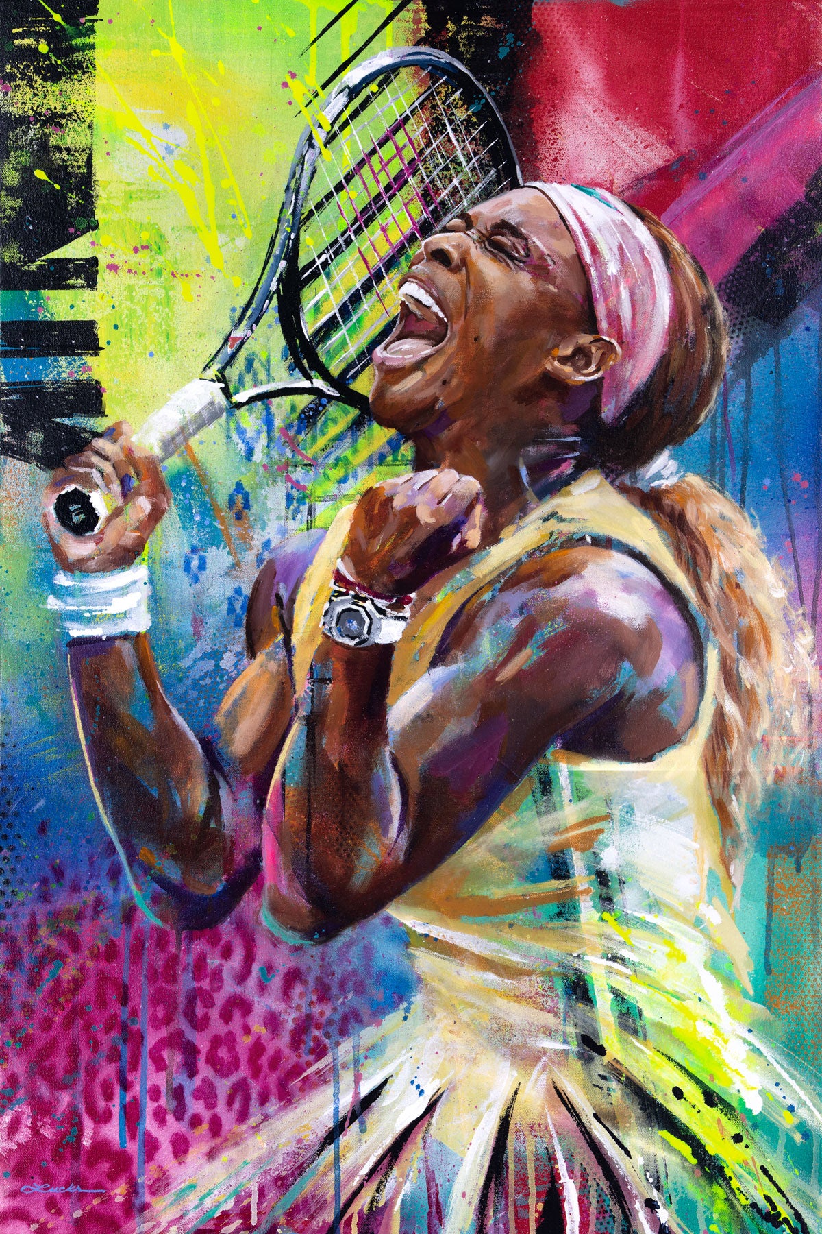 Portrait painting of Serena Williams holding a tennis racket, yellling and clinching her fists in victory, set against a colorful background of lime green, magenta, blue and leopard print.