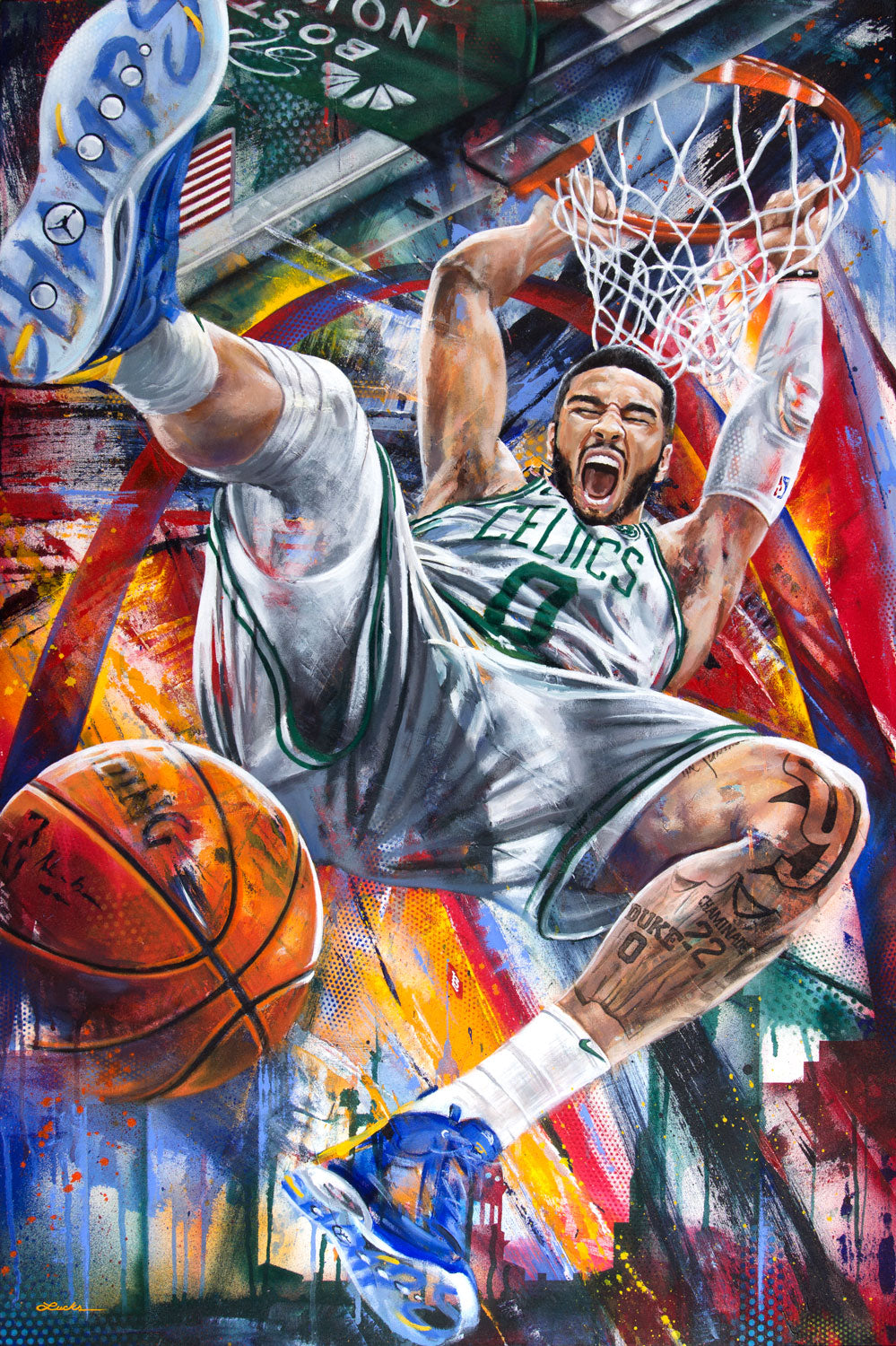 Portrait painting of basketball star Jayson Tatum dunking on a hoop, with the St. Louis Gateway Arch in the background, wearing St. Louis Blues themed Stanley Cup Champion shoes.