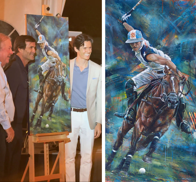 Adolfo Cambiaso and Kyle Lucks pose next to Kyle's painting of the polo player on his horse