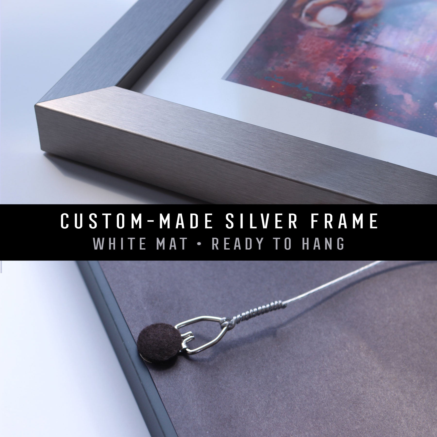 Giclee fine art paper print in a gold frame. Metal D-ring and picture wire on the back of the frame. 