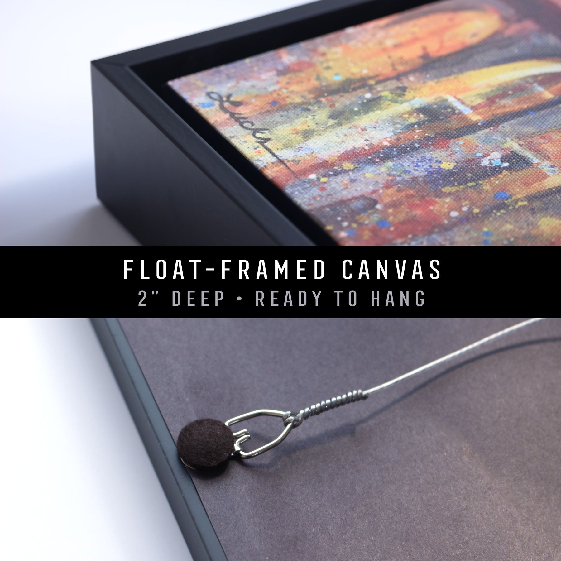 Gallery-wrapped canvas in a black float frame. Metal D-ring and picture wire on the back of the canvas. 