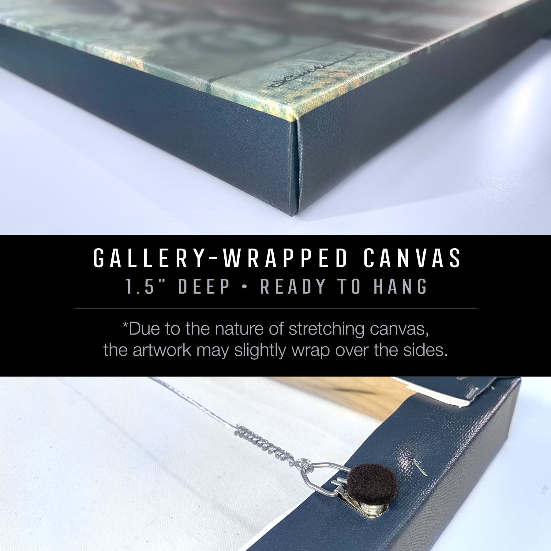 Close-up of a canvas print from the "Jackie at The Breakers" series. The top image reveals the corner of the gallery-wrapped art with visible texture and signed edge. The bottom image displays the back, highlighting the hanging hardware. Text reads: "Gallery-Wrapped Canvas, 1.5” Deep, Ready to Hang.