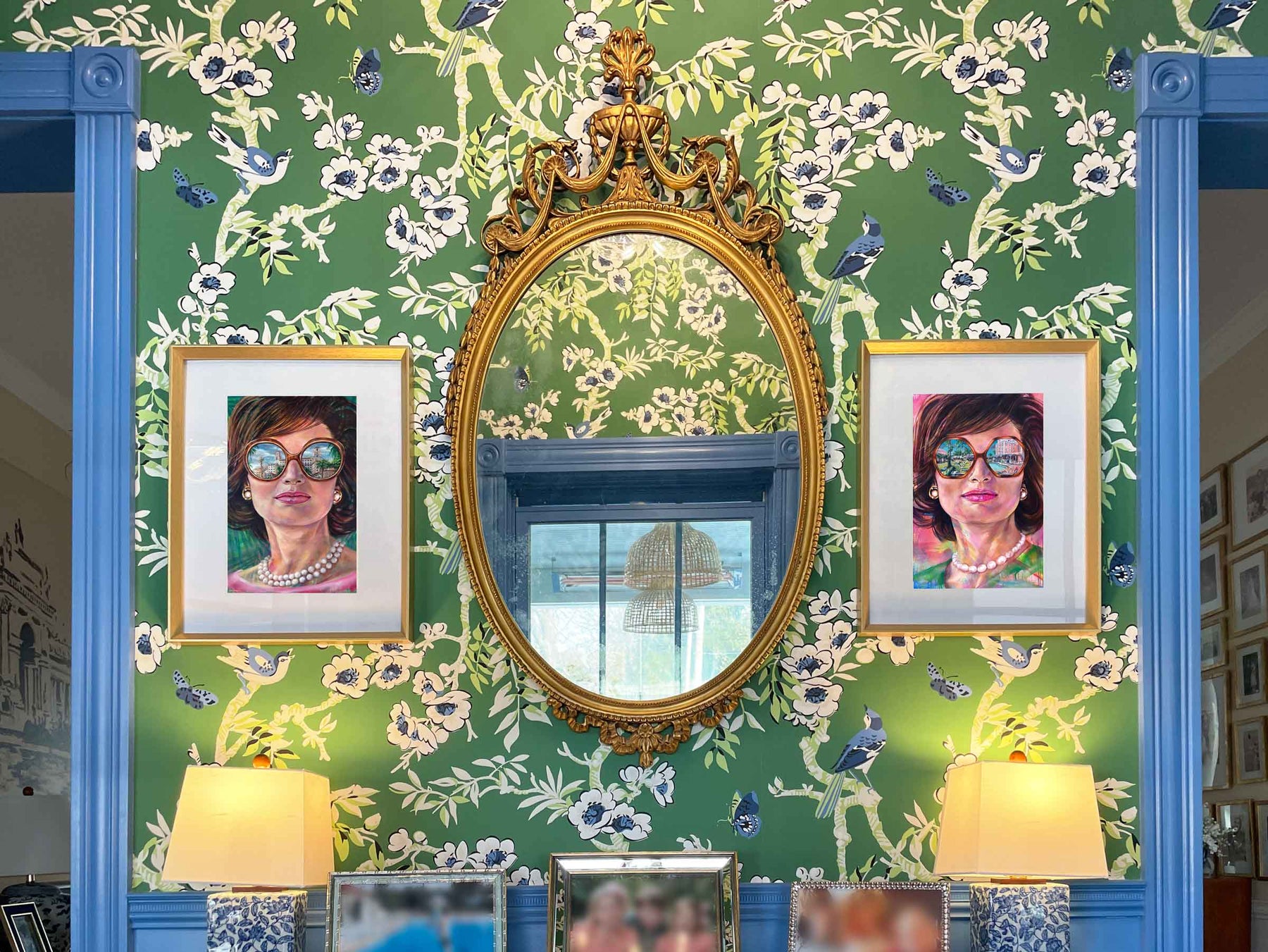 Framed Jackie Kennedy portrait prints by Kyle Lucks styled in a Palm Beach-inspired living room for interior designers