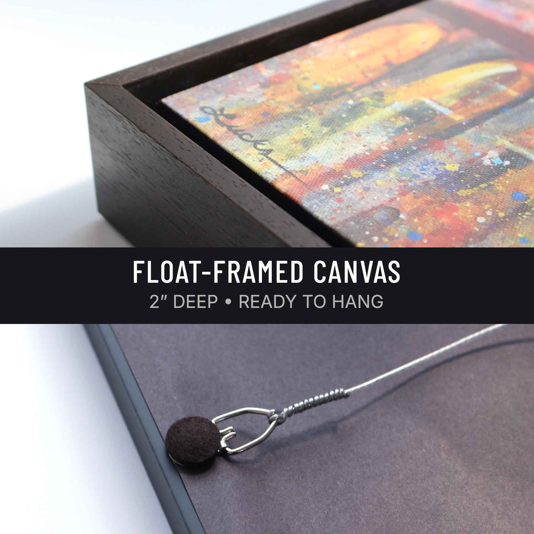Gallery-wrapped canvas in a espresso brown float frame. 2 inches deep, wired and ready to hang, Kyle Lucks Fine Art