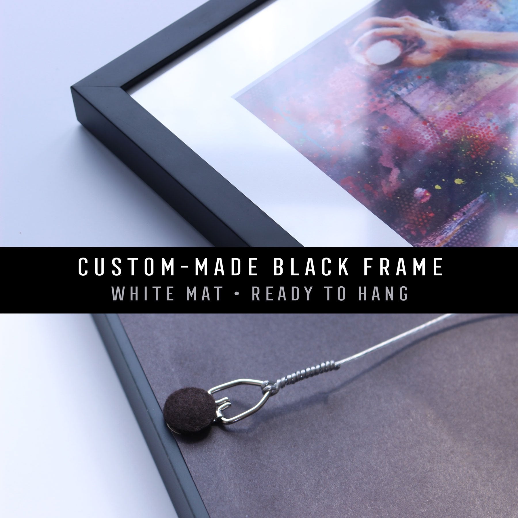 Giclee fine art paper print in a black frame. Metal D-ring and picture wire on the back of the frame. 