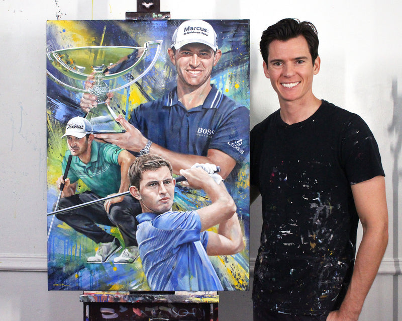 Kyle Lucks beside his Patrick Cantlay FedEx Cup golf commission painting in the studio