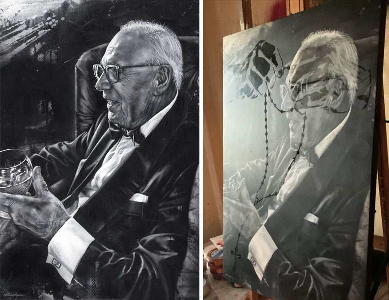 Black-and-white custom portrait commission of a man in a tuxedo holding a drink, before and after the final spot-varnish finish, by Kyle Lucks