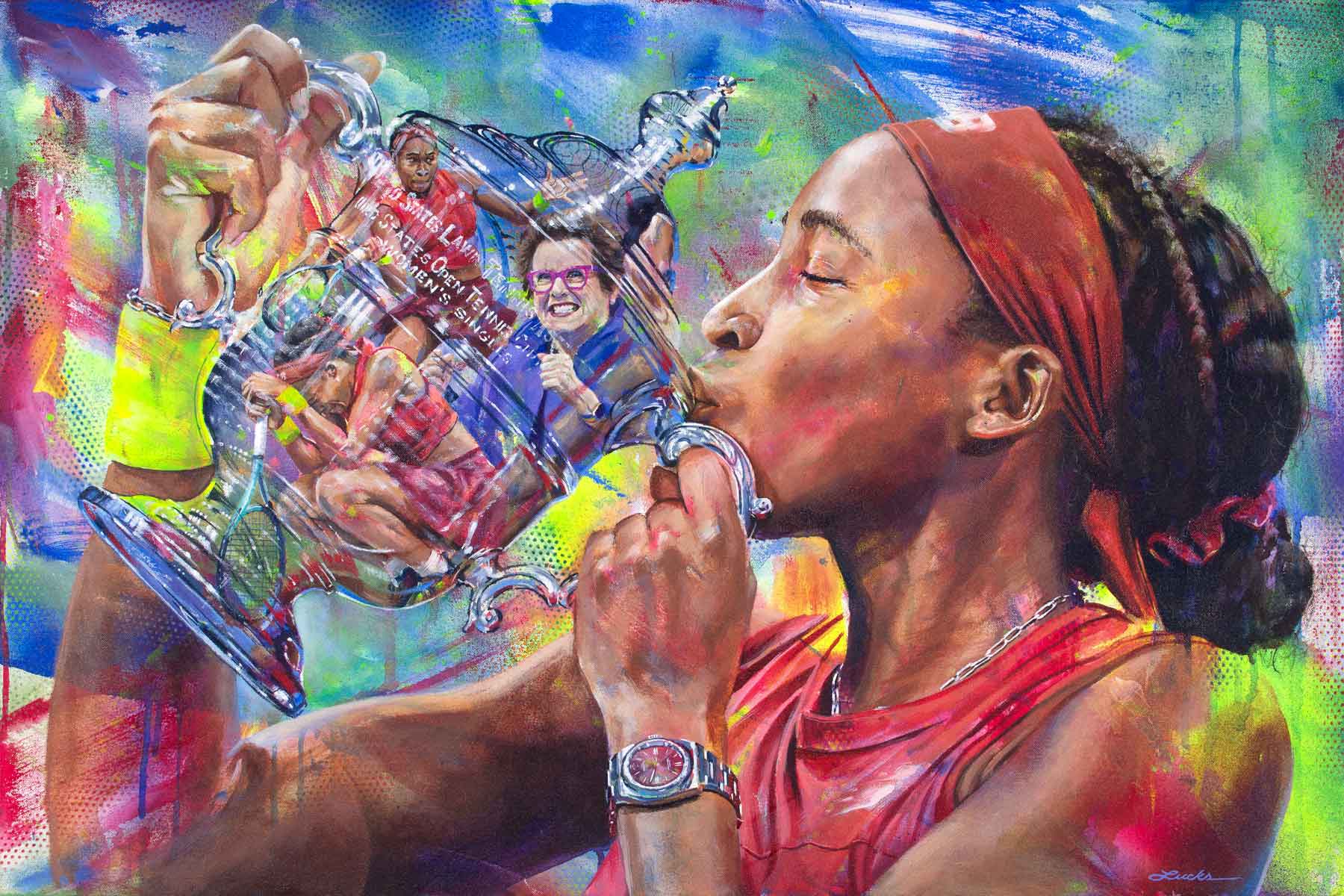 Portrait painting of tennis start Coco Gauff wearing a red shirt and kissing the US Open trophy with the reflection of Billie Jean King in it