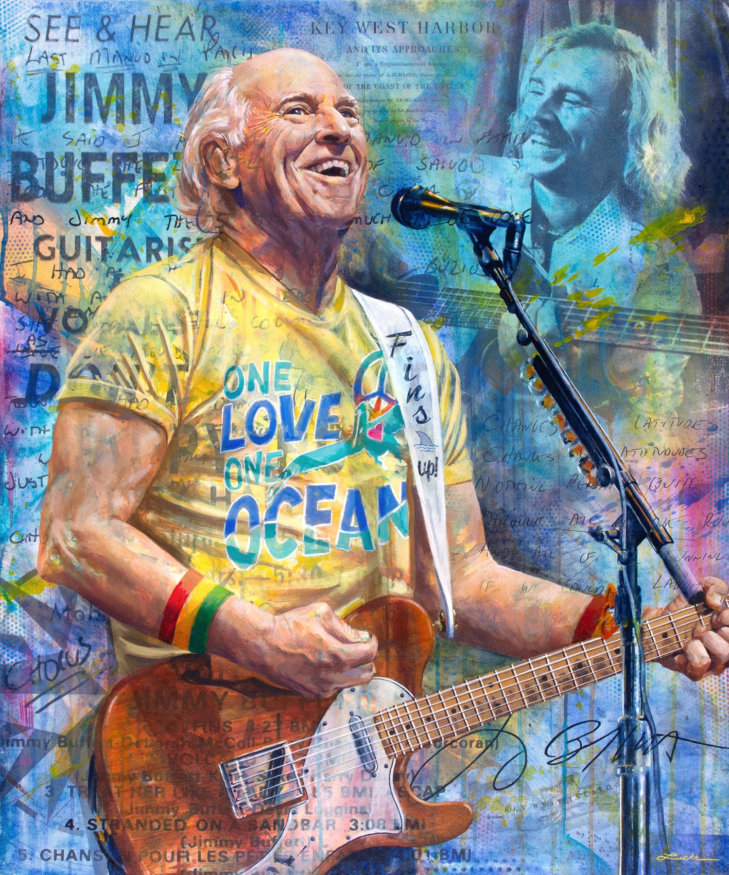 Portrait painting of singer-songwriter Jimmy Buffett playing an orange guitar, wearing a yellow t-shirt and singing into a microphone. Images of Jimmy's handwritten song lyrics in the background. 