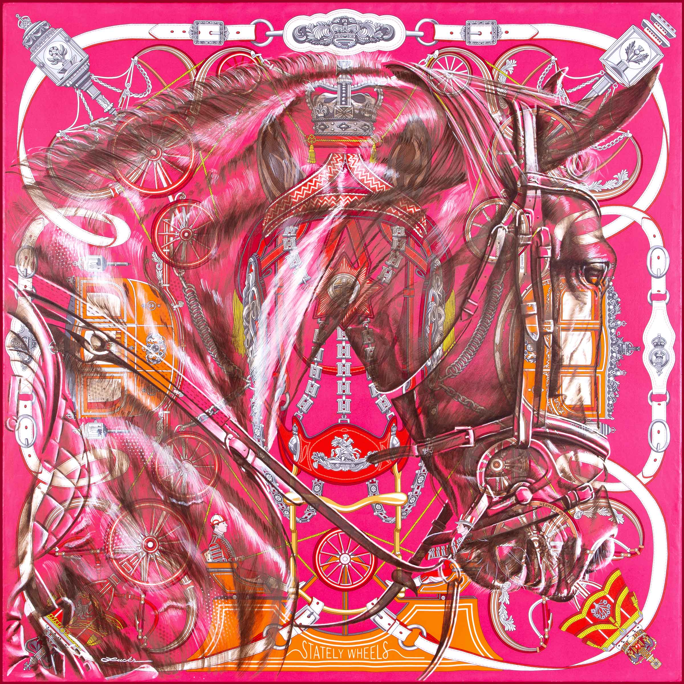 Majestic Motion - Impresión artística enmarcada, sobre lienzo o sin marco de una pintura original de un caballo sobre un pañuelo de seda de Hermès