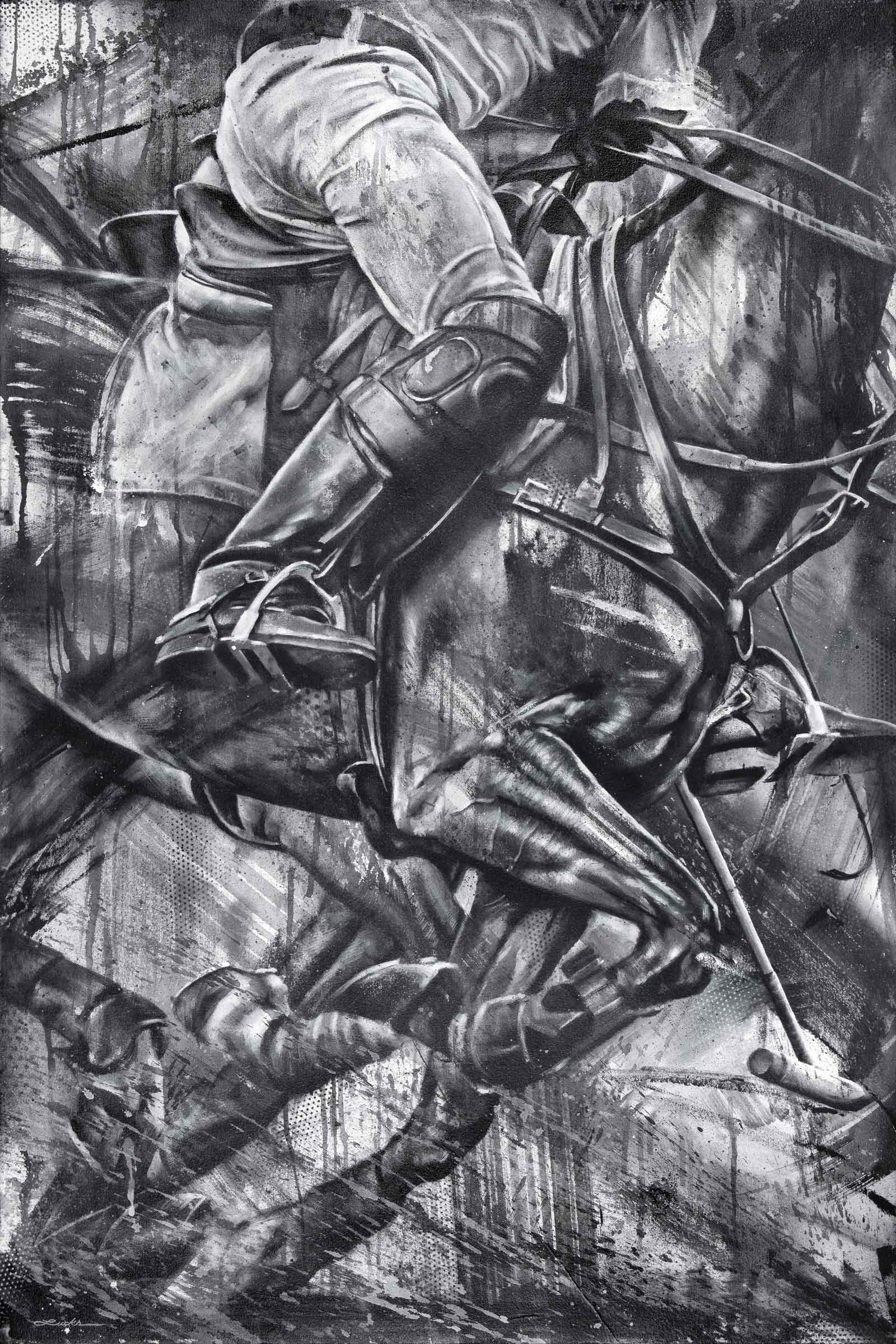 Polo Equestrian Themed Painting Black and White of Polo Player on Horse on Canvas