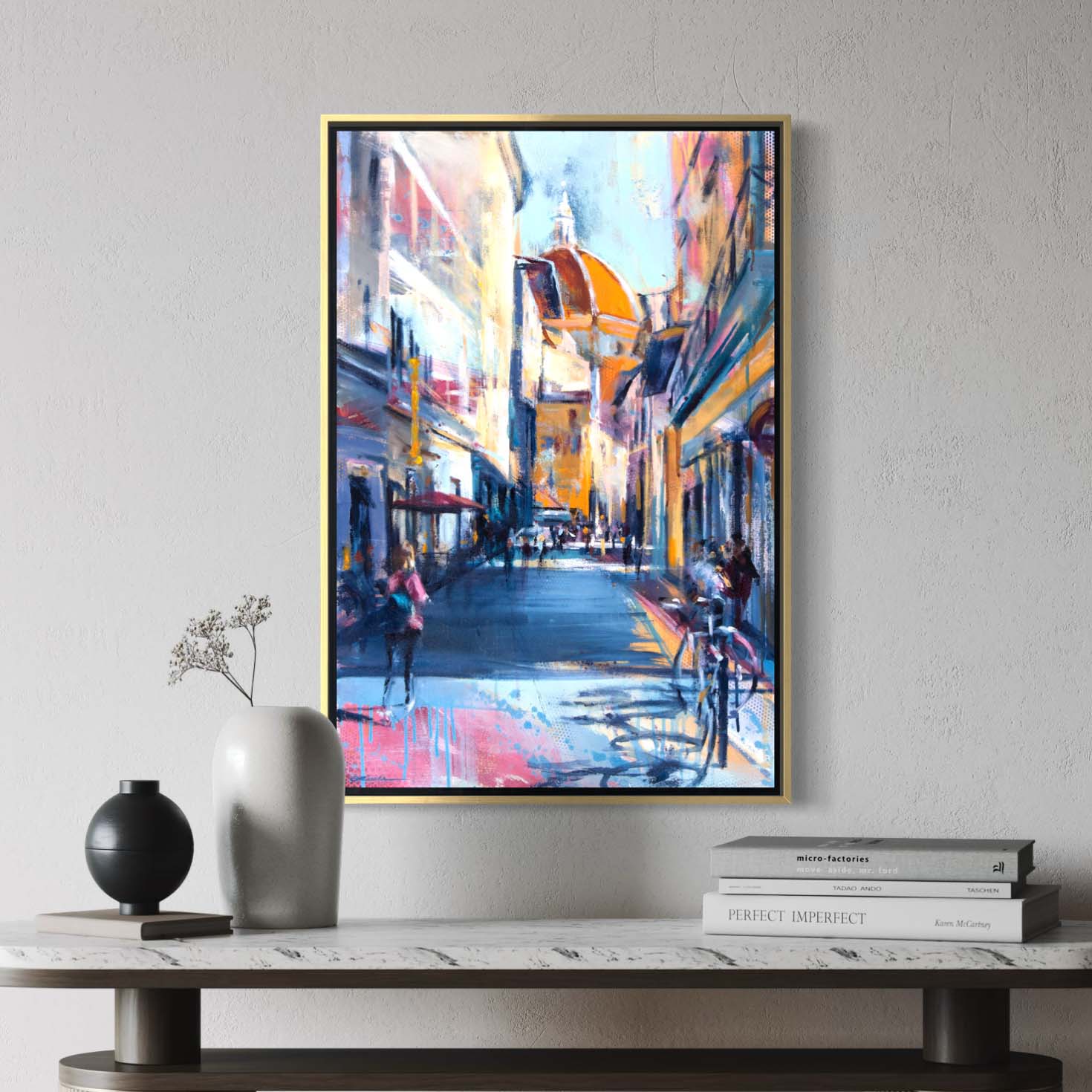 Florence street leading to the Duomo by Kyle Lucks on a gallery-wrapped canvas in a gold float frame, front view