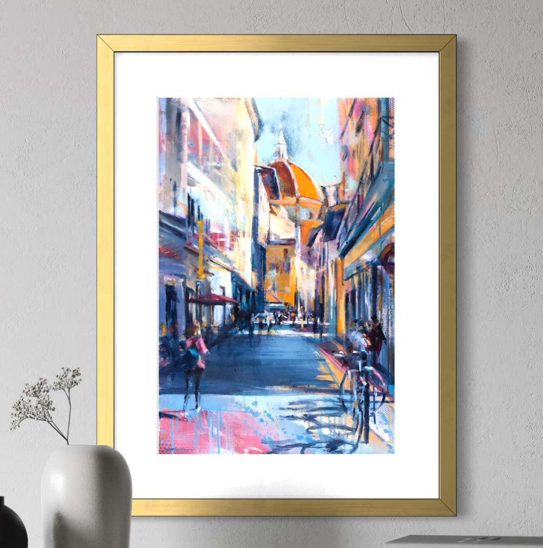 Florence street leading to the Duomo by Kyle Lucks as a framed giclée fine art print in a gold frame, front view