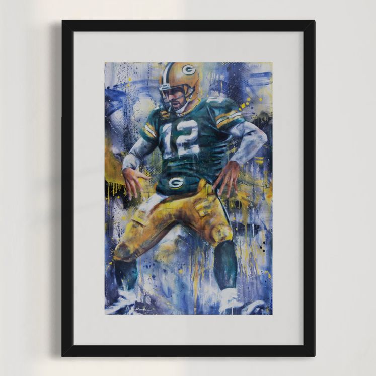NFL quarterback Aaron Rodgers' "Belt" celebration by Kyle Lucks as a framed giclée fine art print, front view