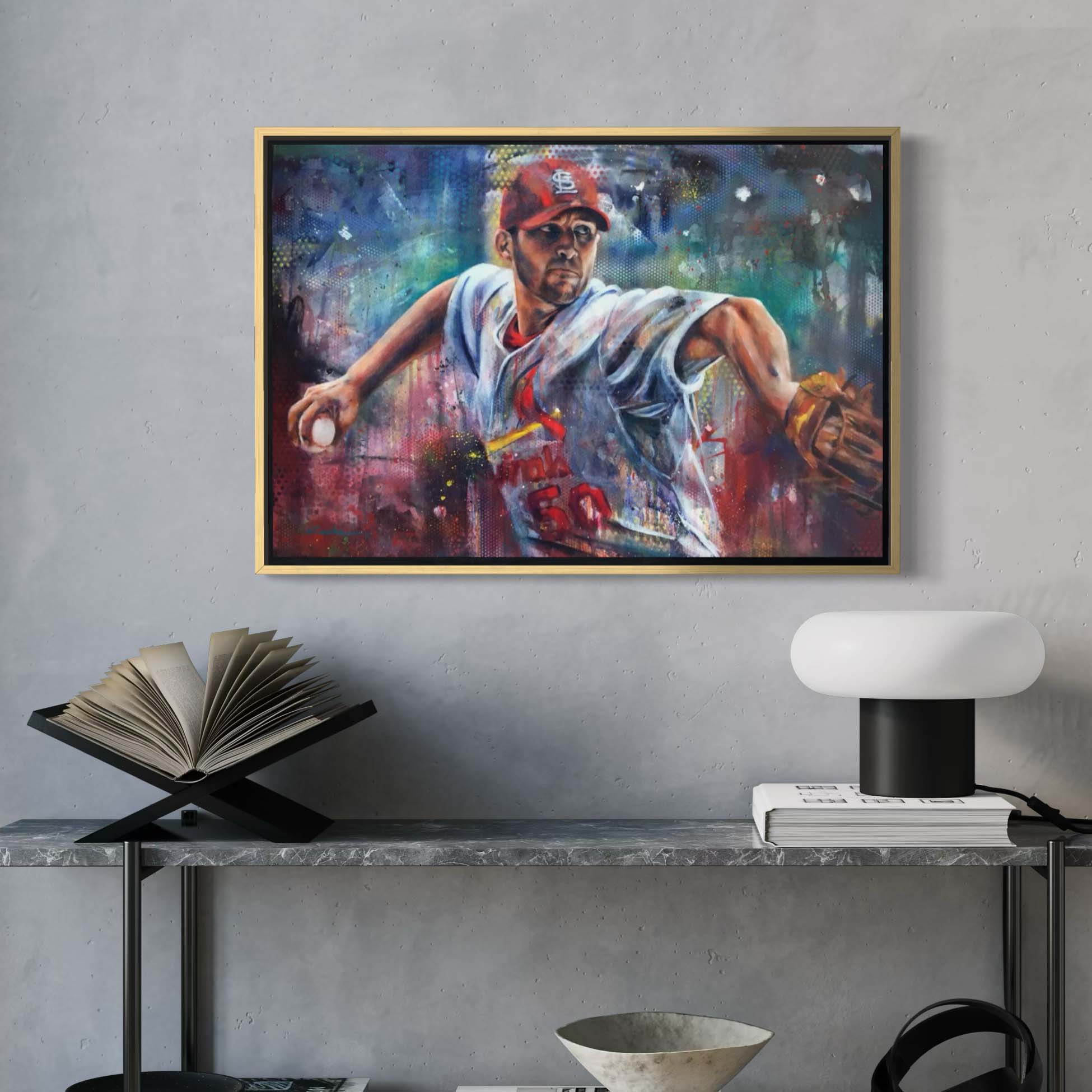 Cardinals pitcher Adam Wainwright by Kyle Lucks on a gallery-wrapped canvas in a gold float frame, front view