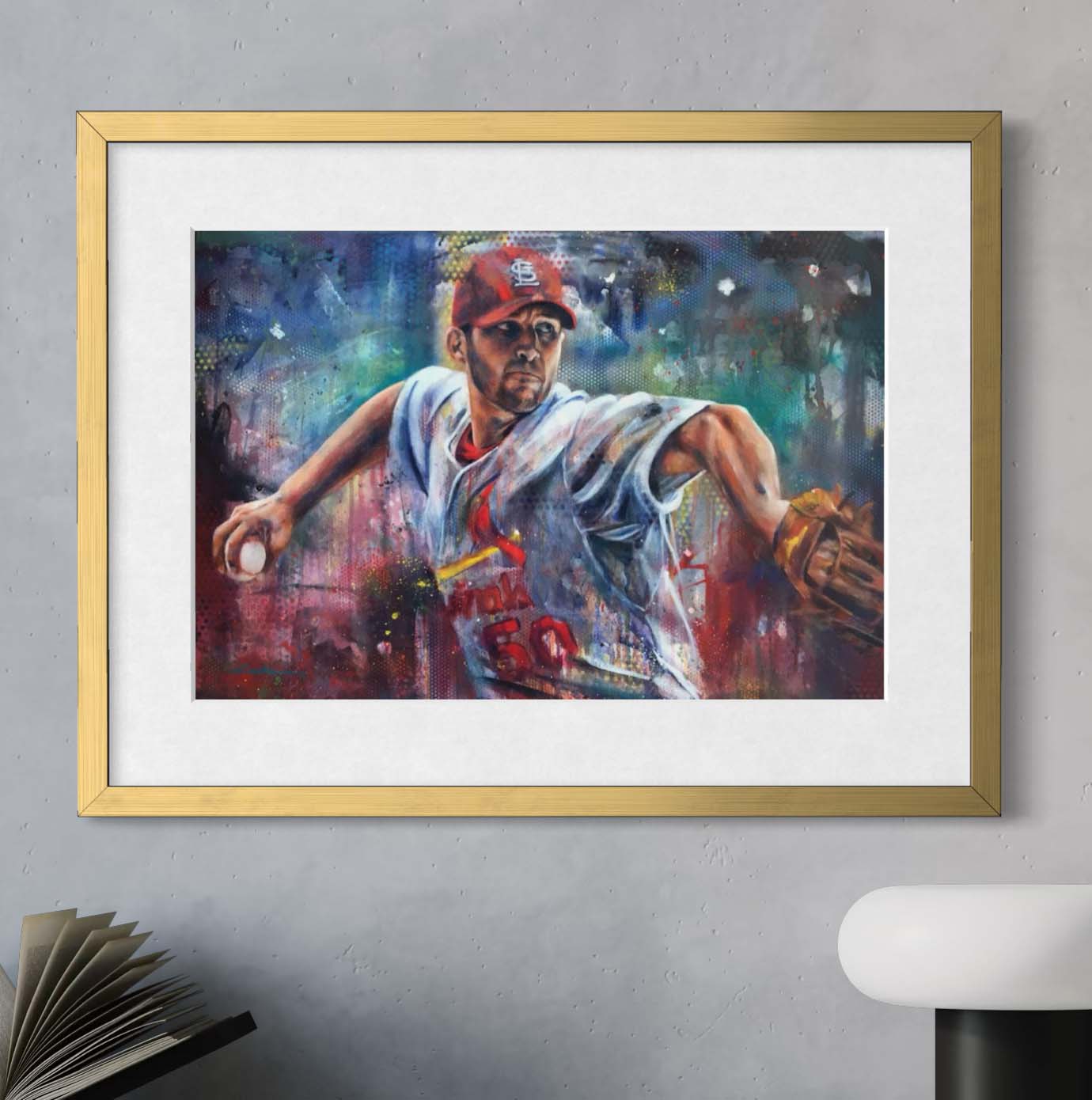 Cardinals pitcher Adam Wainwright by Kyle Lucks as a framed giclée fine art print in a gold frame, front view
