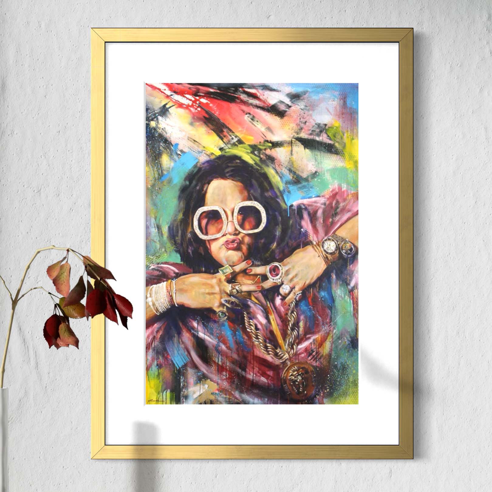 Pop artist Ashley Longshore by Kyle Lucks as a framed giclée fine art print in a gold frame, front view