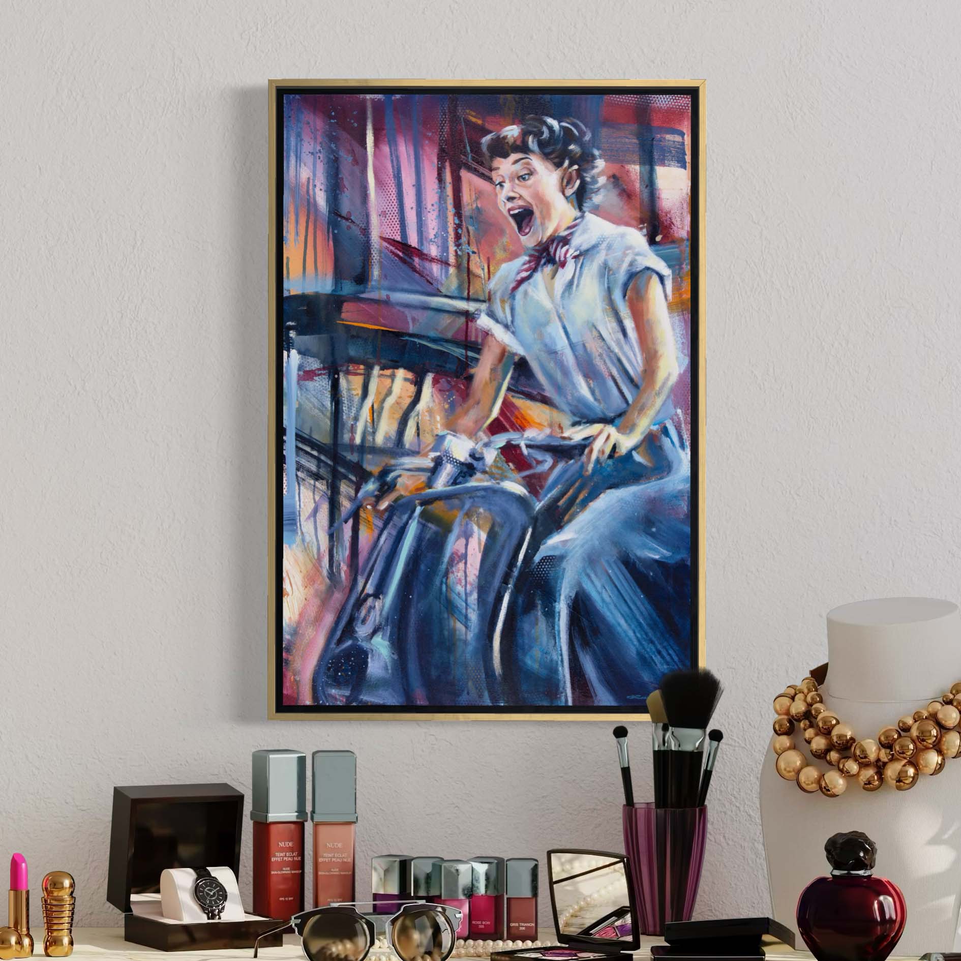 Audrey Hepburn's Roman Holiday Vespa scene by Kyle Lucks on a gallery-wrapped canvas in a gold float frame, front view