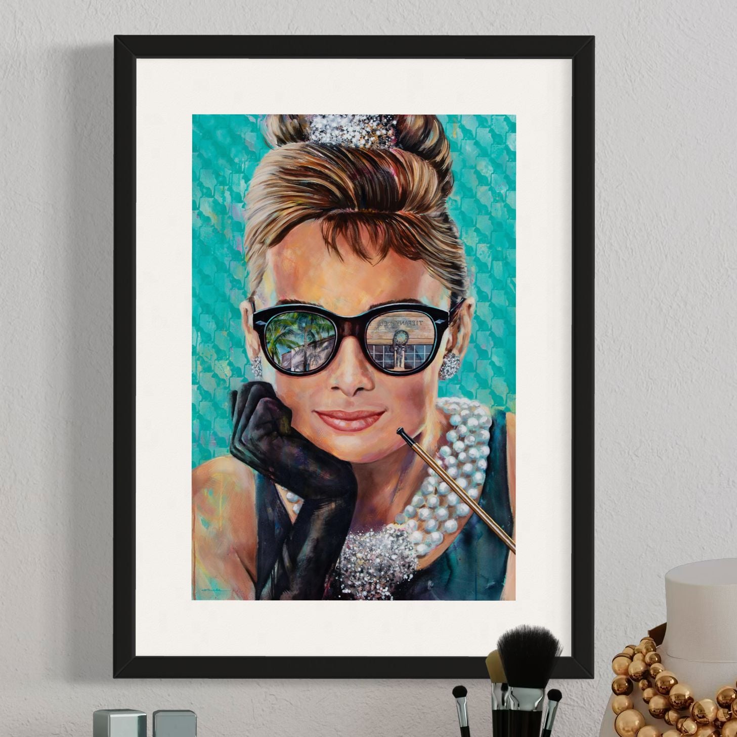Audrey Hepburn's Holly Golightly on Worth Avenue by Kyle Lucks as a framed giclée fine art print in a black frame, front view