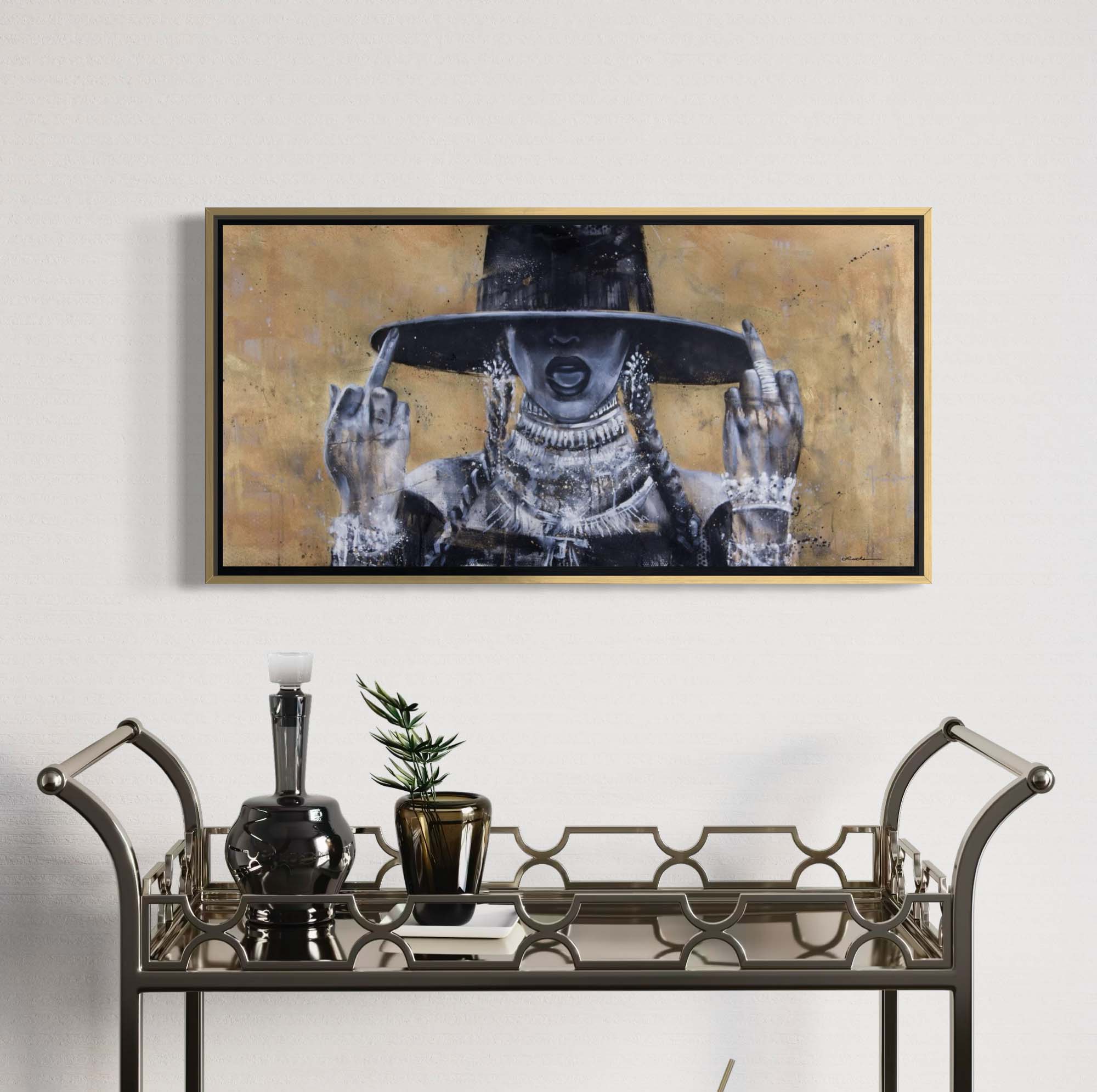 Pop icon Beyoncé "Queen Bey" by Kyle Lucks on a gallery-wrapped canvas in a gold float frame, front view