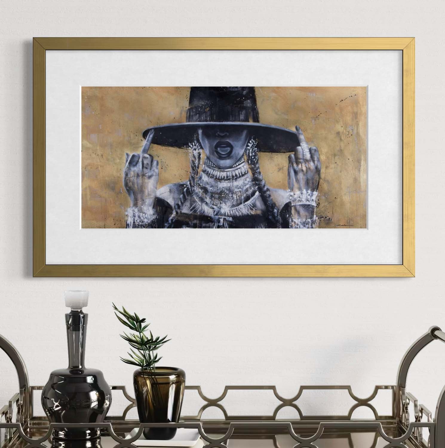 Pop icon Beyoncé "Queen Bey" by Kyle Lucks as a framed giclée fine art print in a gold frame, front view