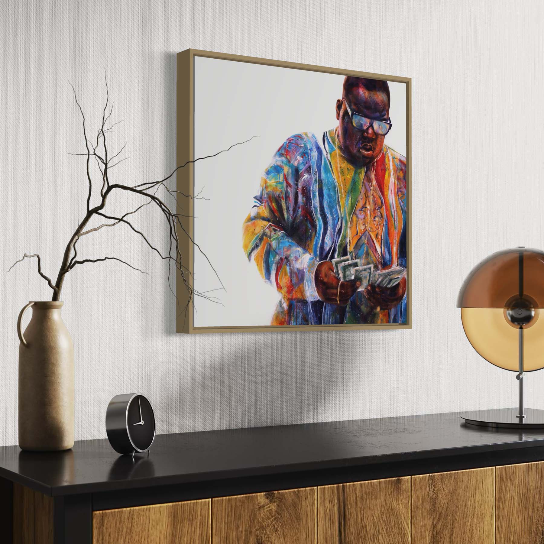 Portrait painting of rapper Notorious B.I.G. wearing a colorful Coogi sweater and counting money. Set against a white background. 