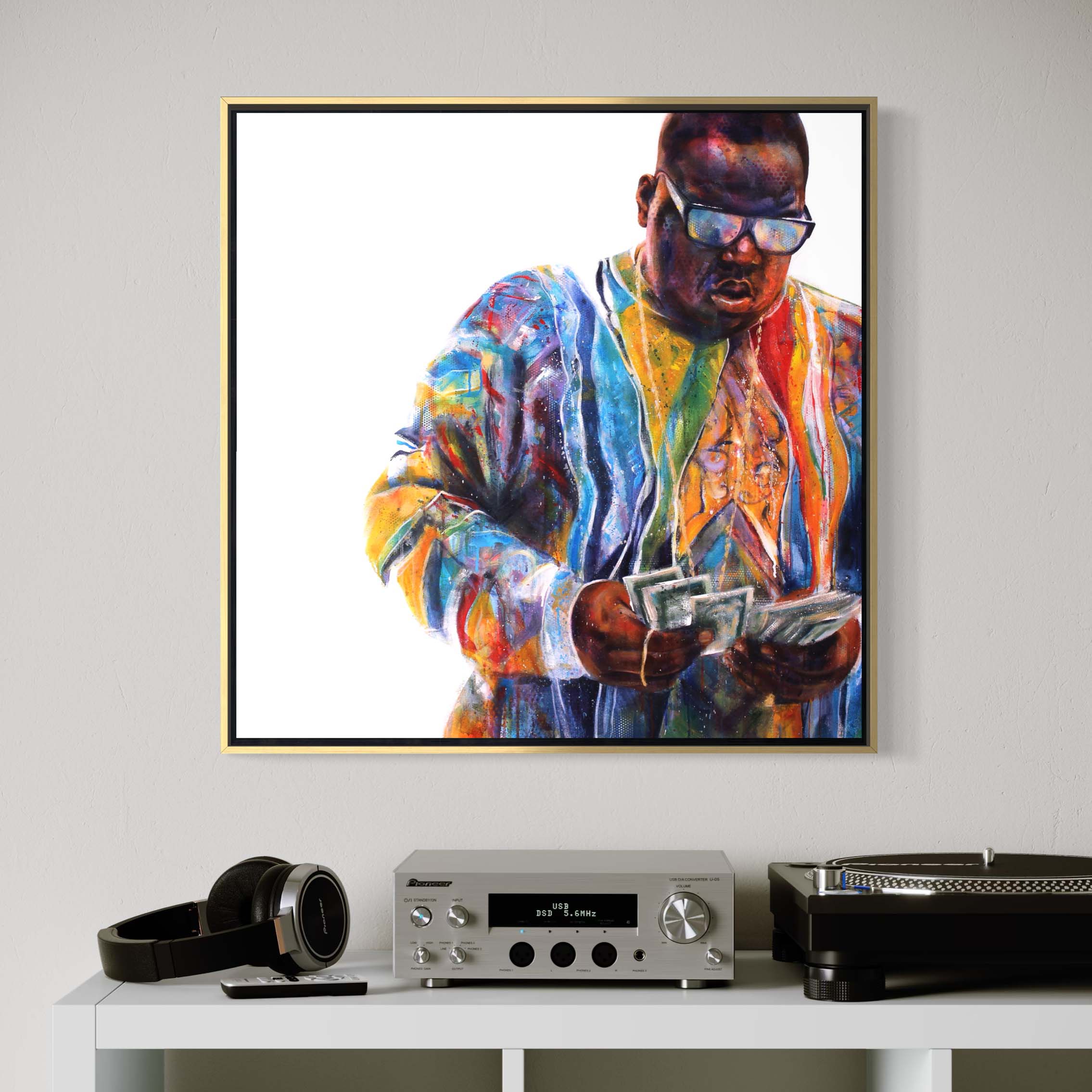 Rapper The Notorious B.I.G. by Kyle Lucks on a gallery-wrapped canvas in a gold float frame, front view