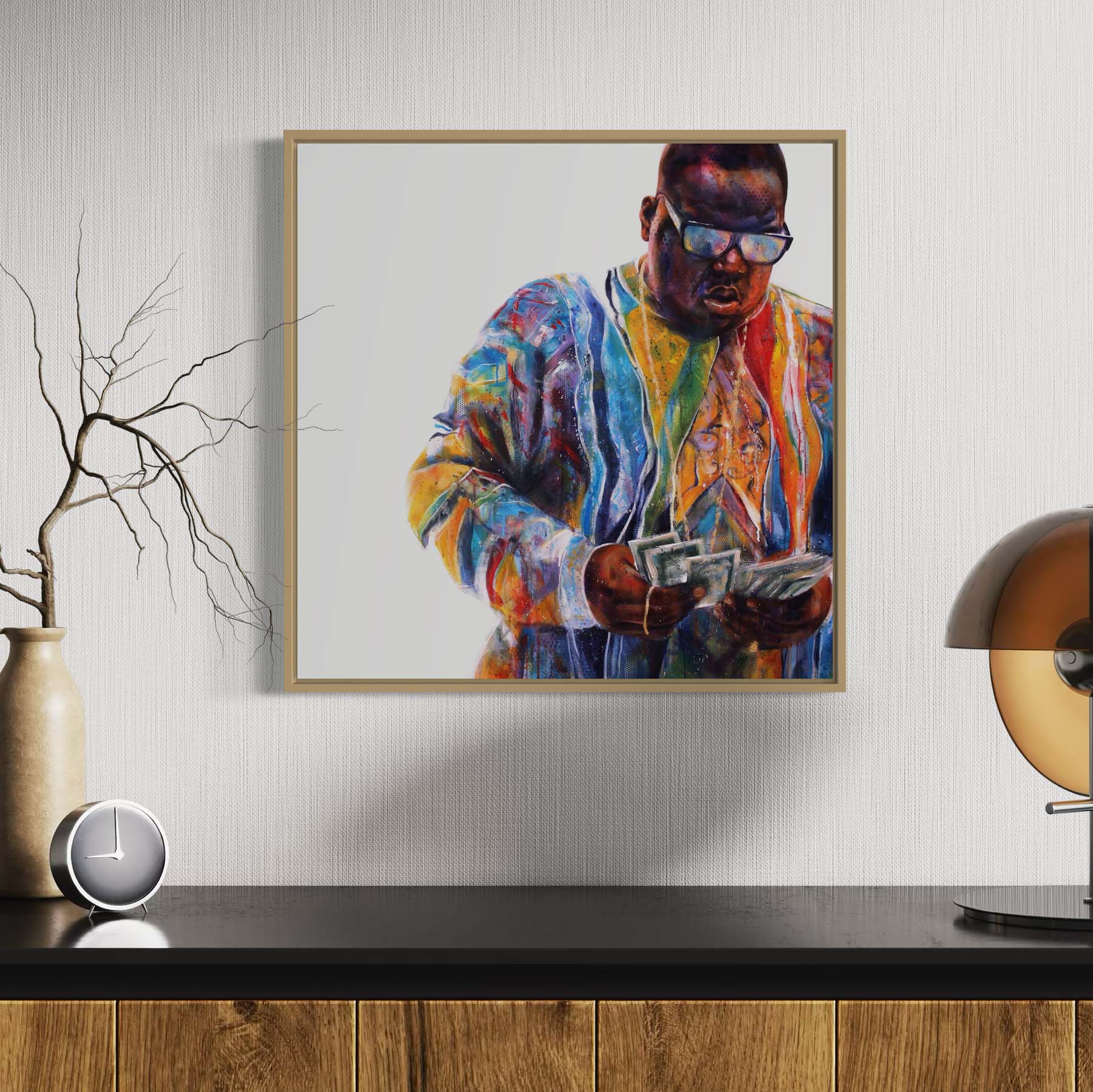 Portrait painting of rapper Notorious B.I.G. wearing a colorful Coogi sweater and counting money. Set against a white background. 