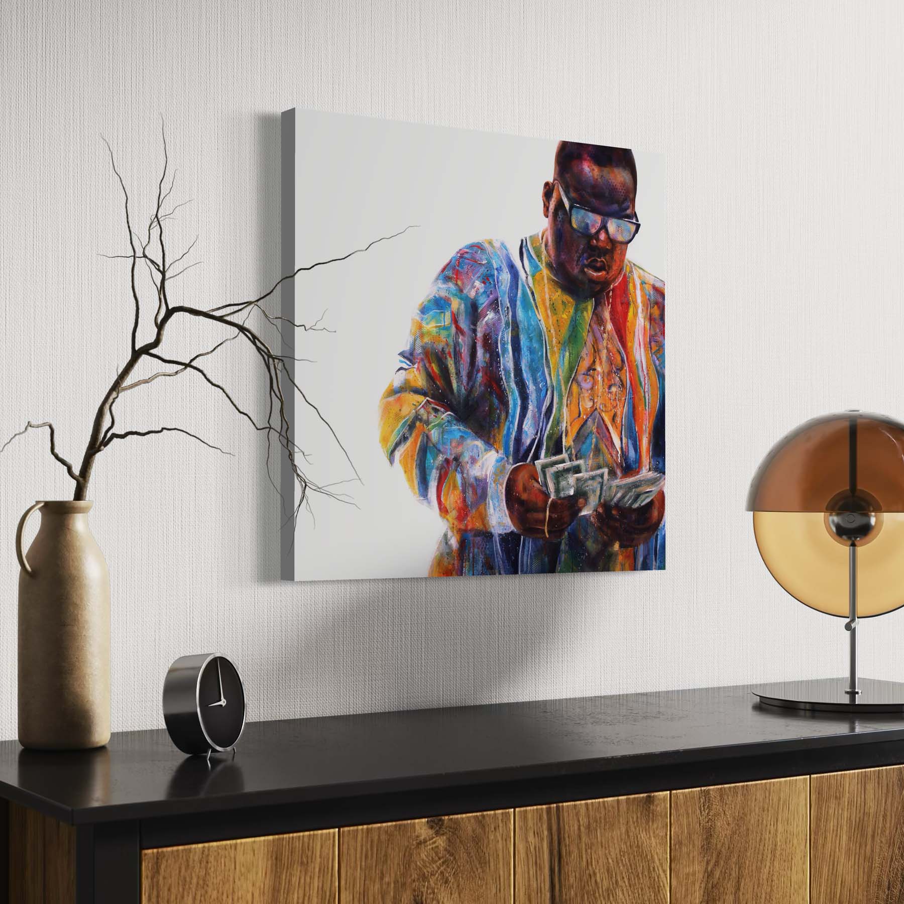 Portrait painting of rapper Notorious B.I.G. wearing a colorful Coogi sweater and counting money. Set against a white background. 