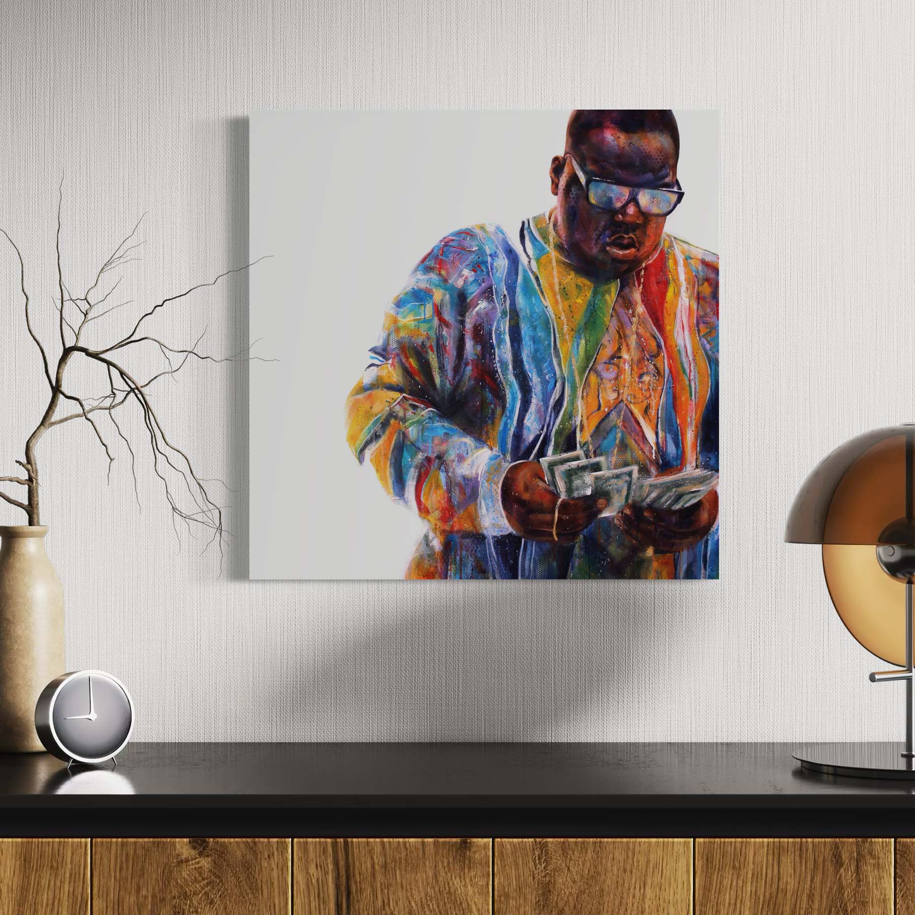 Portrait painting of rapper Notorious B.I.G. wearing a colorful Coogi sweater and counting money. Set against a white background. 