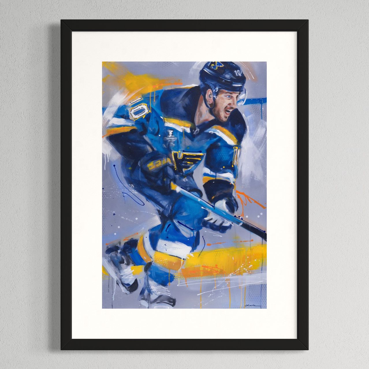St. Louis Blues hockey player Brayden Schenn by Kyle Lucks as a framed giclée fine art print in a black frame, front view