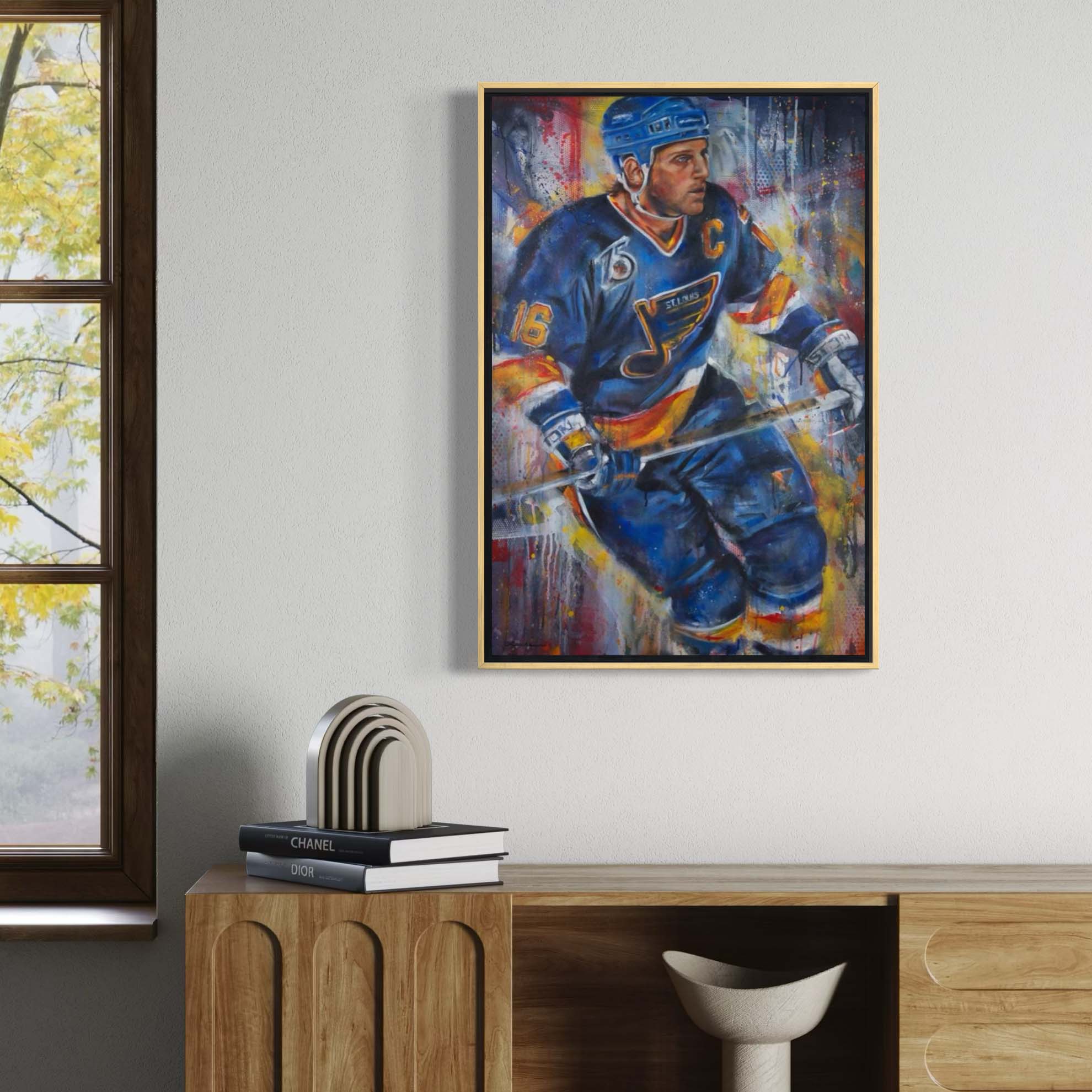Blues hockey legend Brett Hull by Kyle Lucks on a gallery-wrapped canvas in a gold float frame, front view