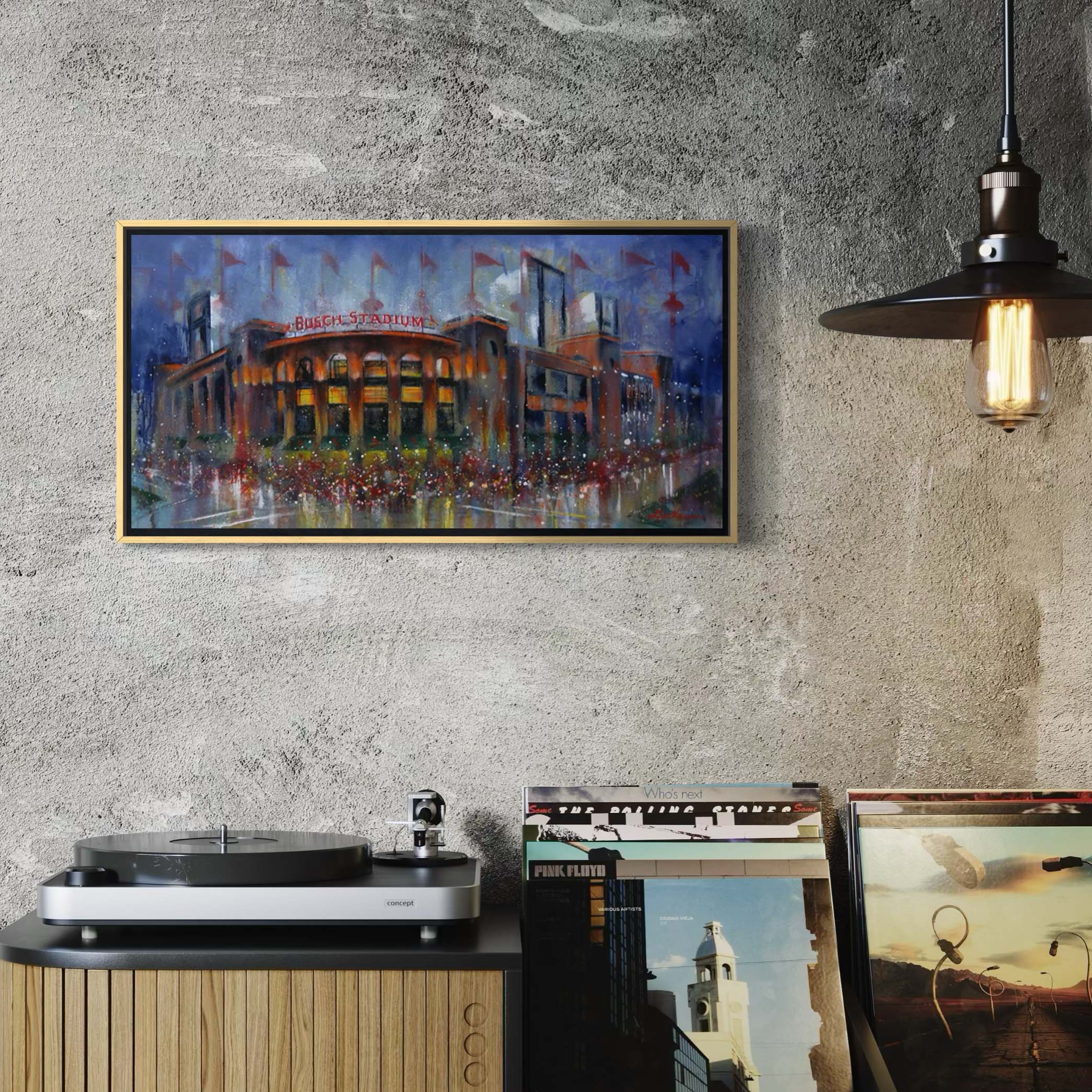 Busch Stadium Cardinals ballpark at night by Kyle Lucks on a gallery-wrapped canvas in a gold float frame, front view