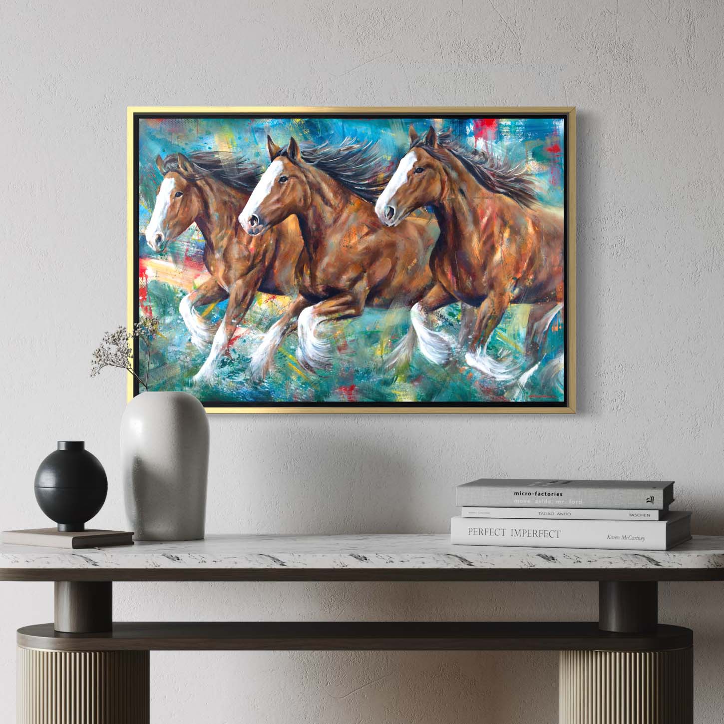 Budweiser Clydesdale horses running by Kyle Lucks on a gallery-wrapped canvas in a gold float frame, front view