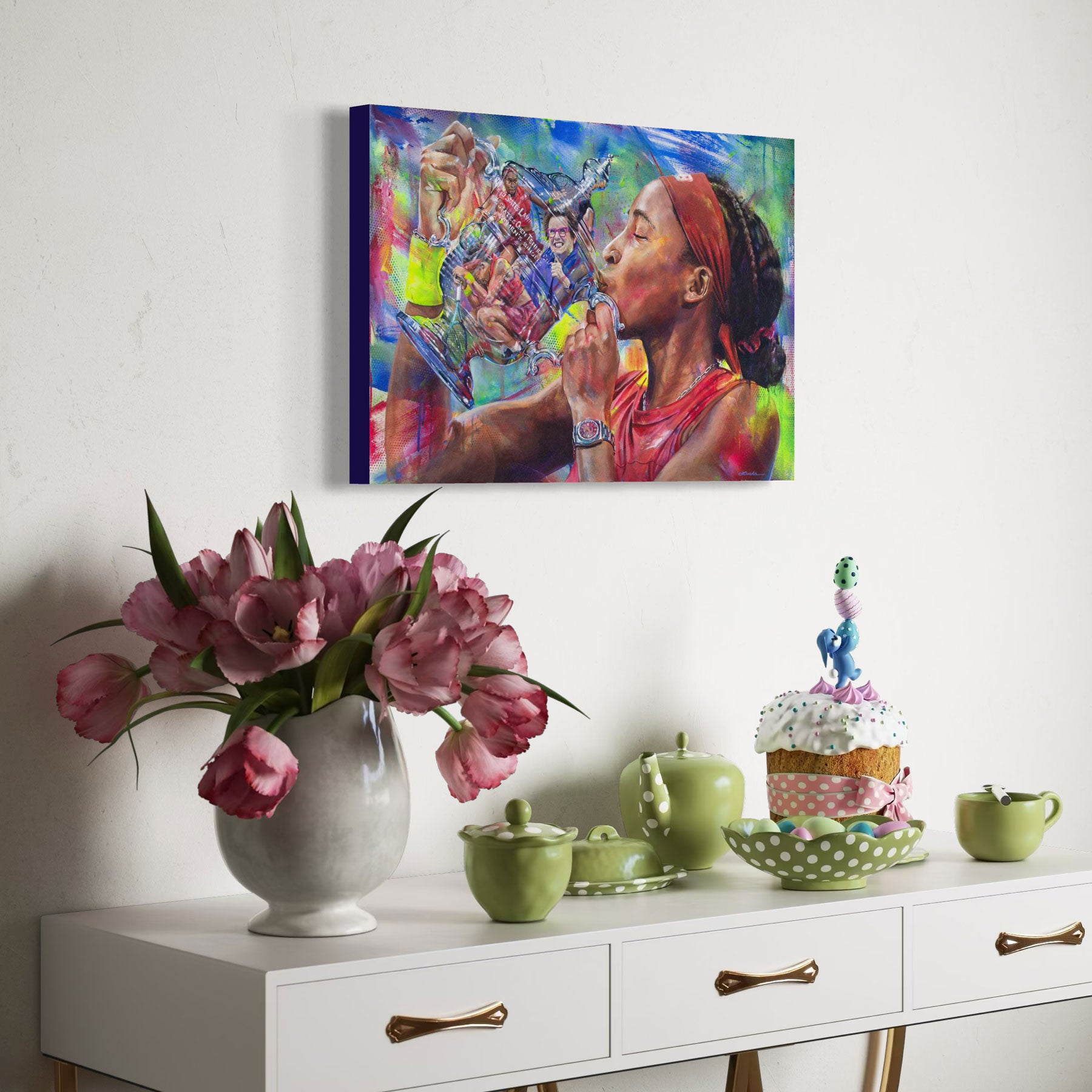 Portrait painting of tennis start Coco Gauff wearing a red shirt and kissing the US Open trophy with the reflection of Billie Jean King in it